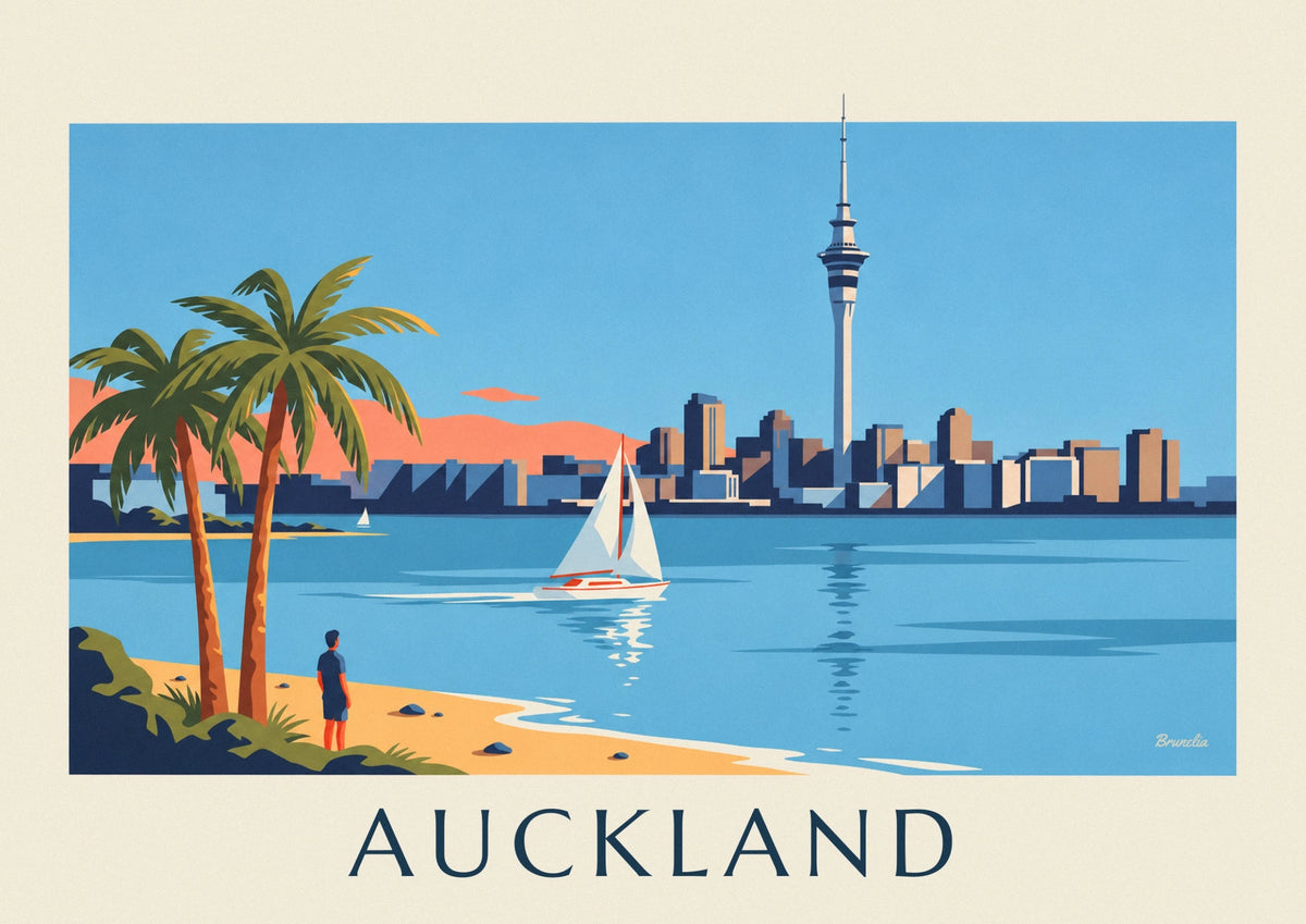 Sailboat in Auckland harbor and Sky Tower poster