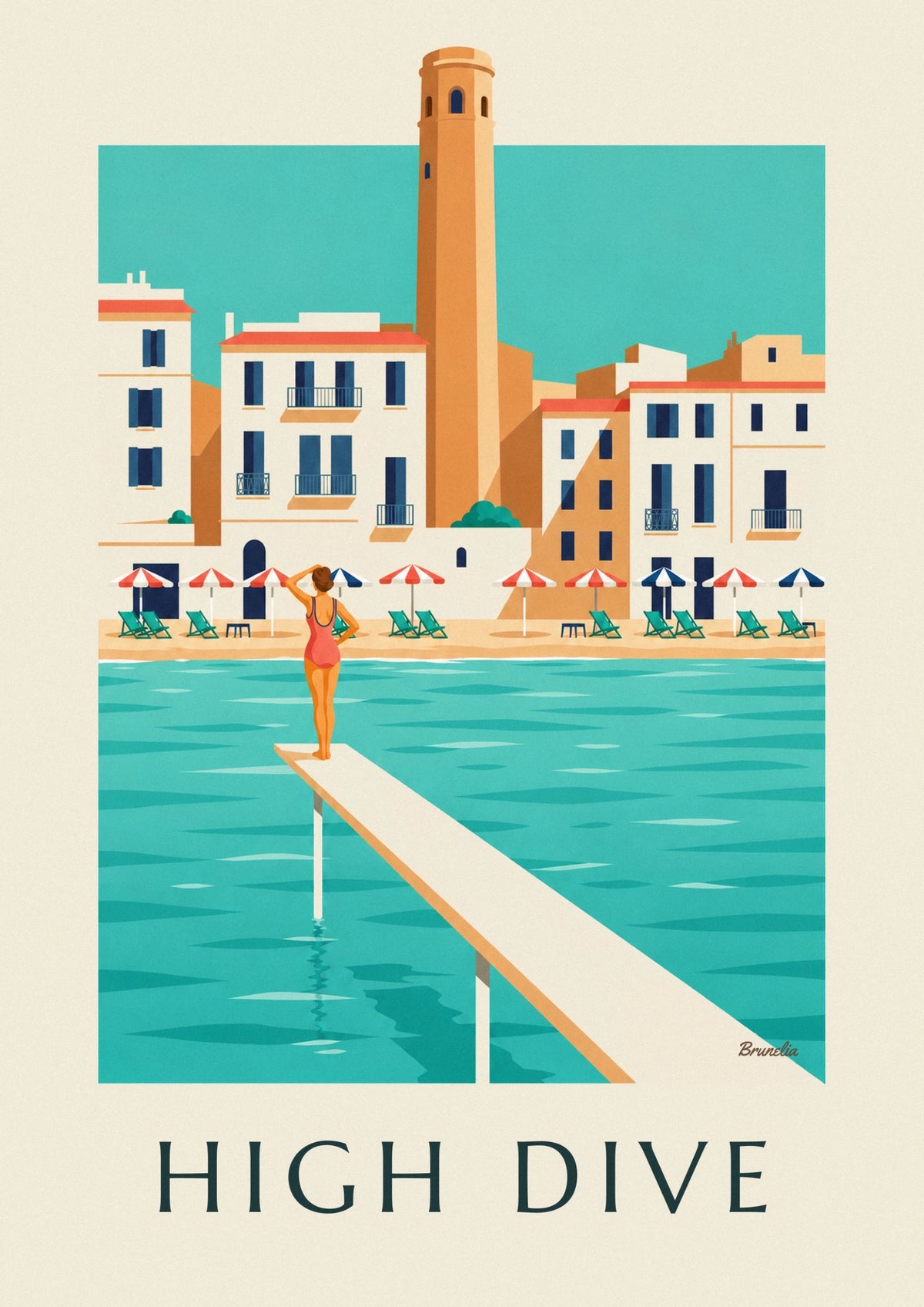 Swimmer on a wooden seaside diving board poster