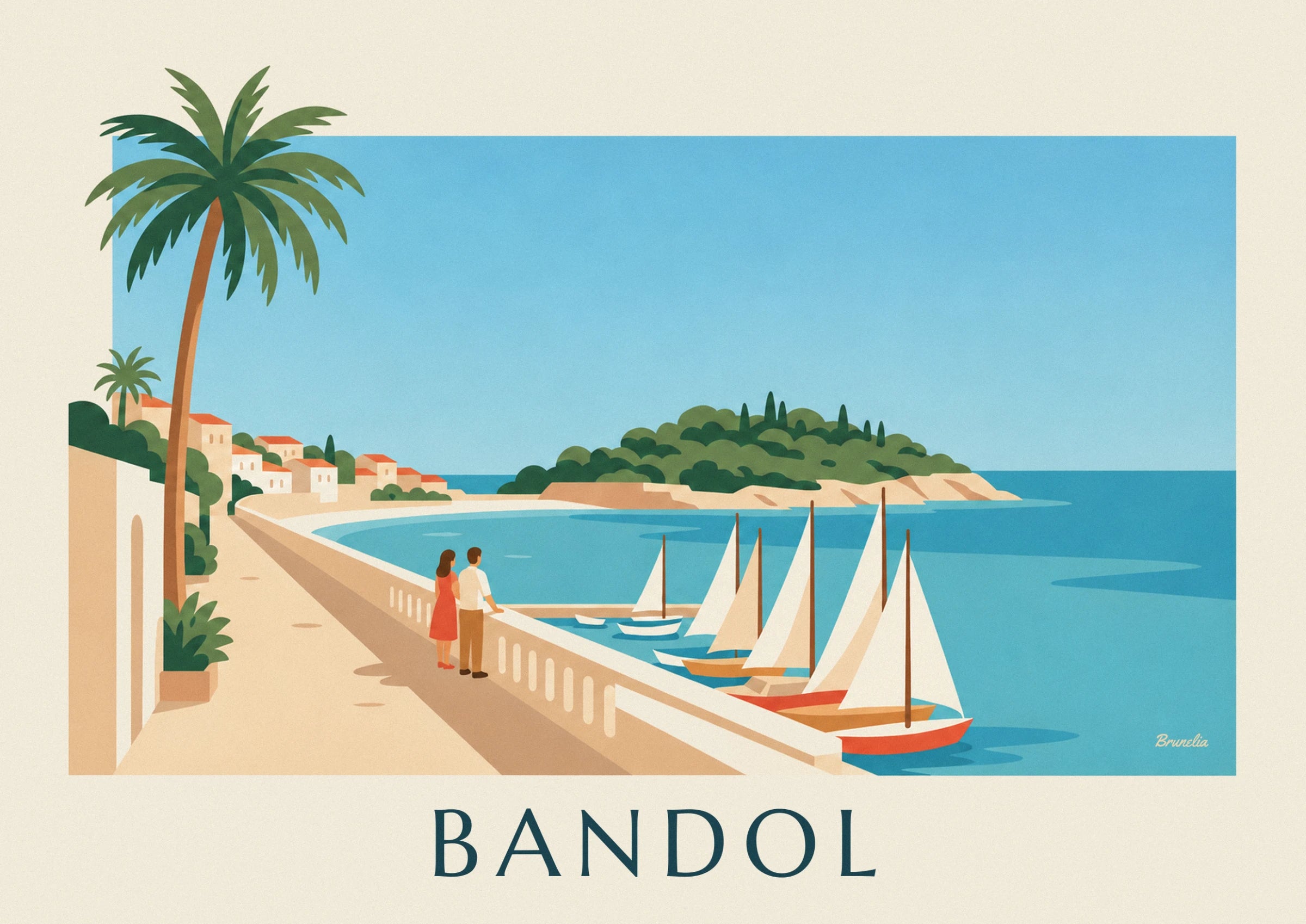 The couple on the promenade, leaning on the balustrade facing the bay