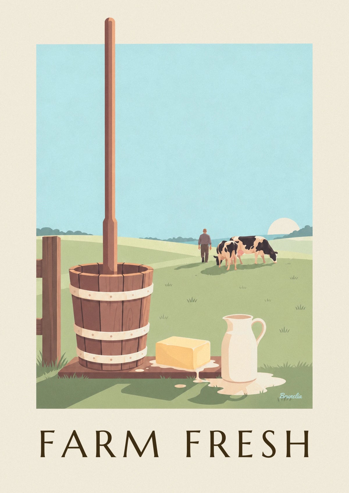 Wooden butter churn and farm butter block poster