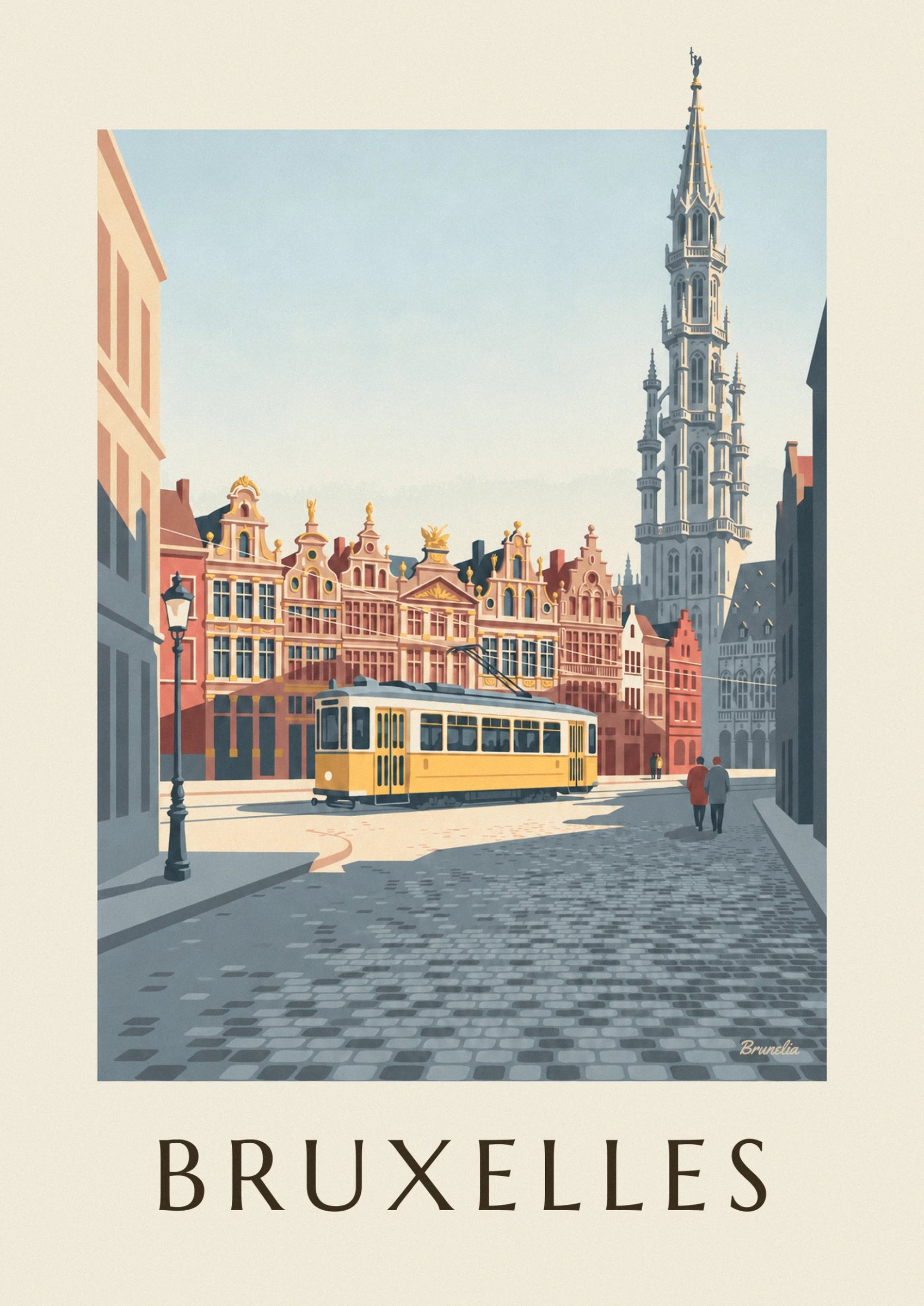 The yellow tram on the cobbles in front of the golden façades of the Grand-Place