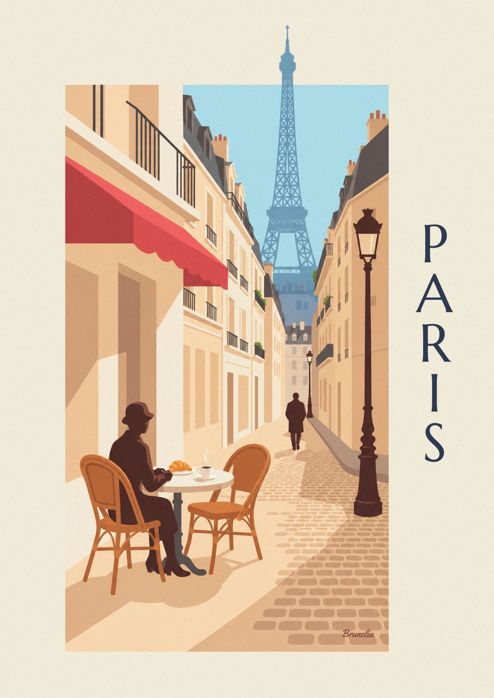 A figure in a hat with a steaming coffee and a croissant on the terrace