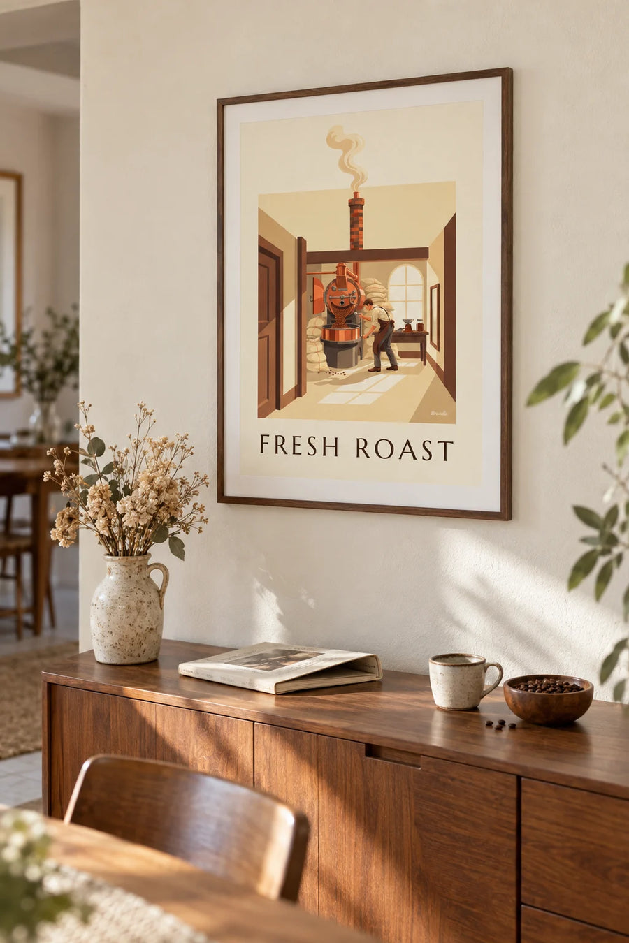 Affiche torréfacteur et grains de café fraîchement torréfiés : encadrée au mur