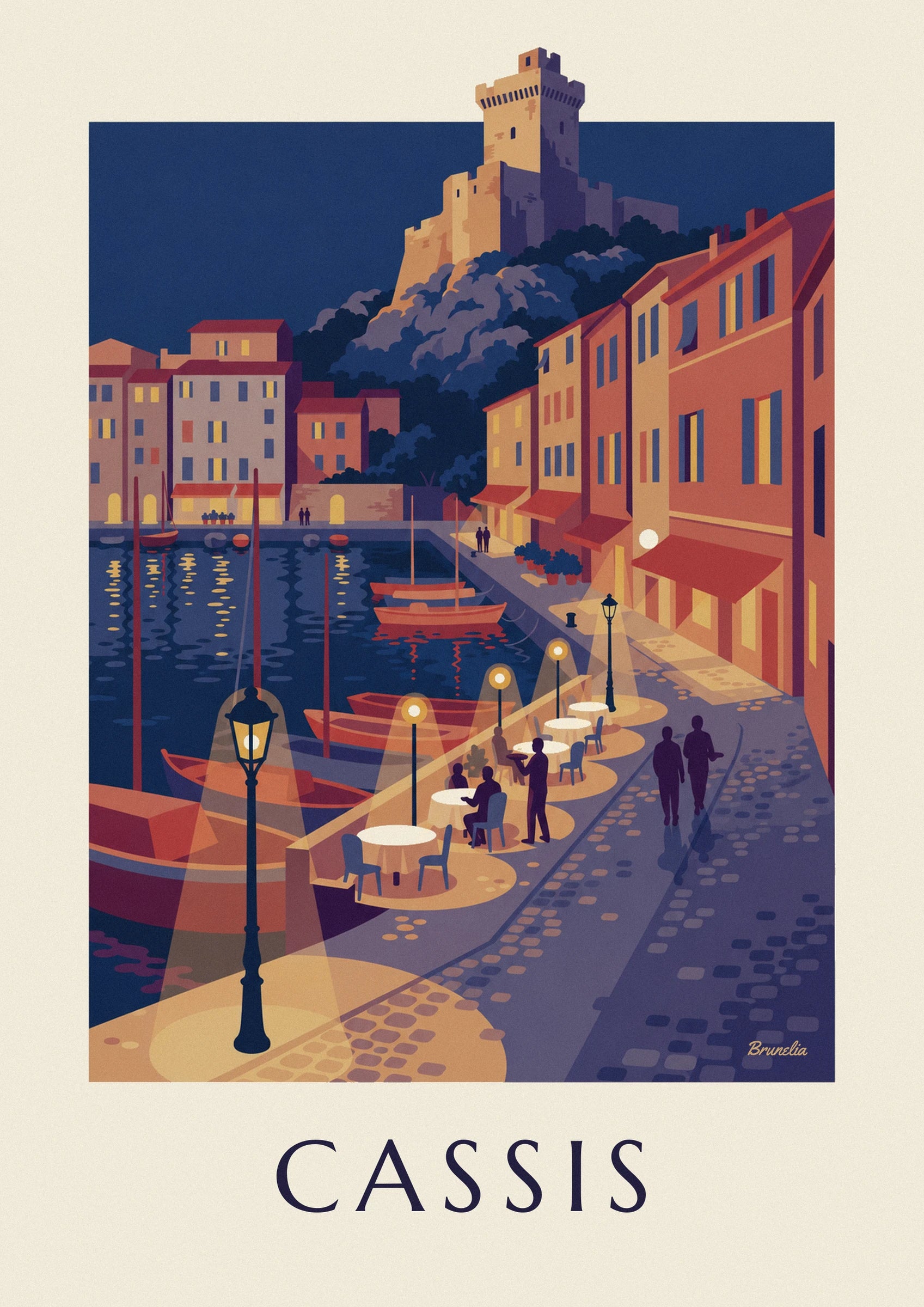 Les tables rondes et les silhouettes de la terrasse, sous les lumières du quai