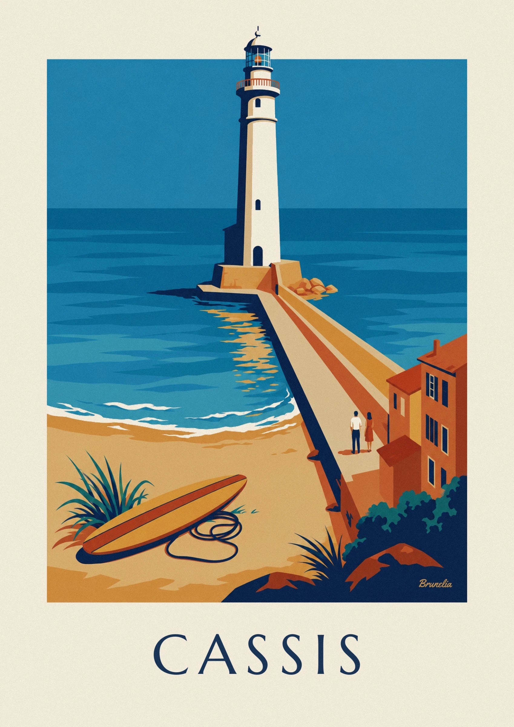 Le phare blanc à lanterne rouge, dressé sur sa digue de pierre dorée face à la mer bleue