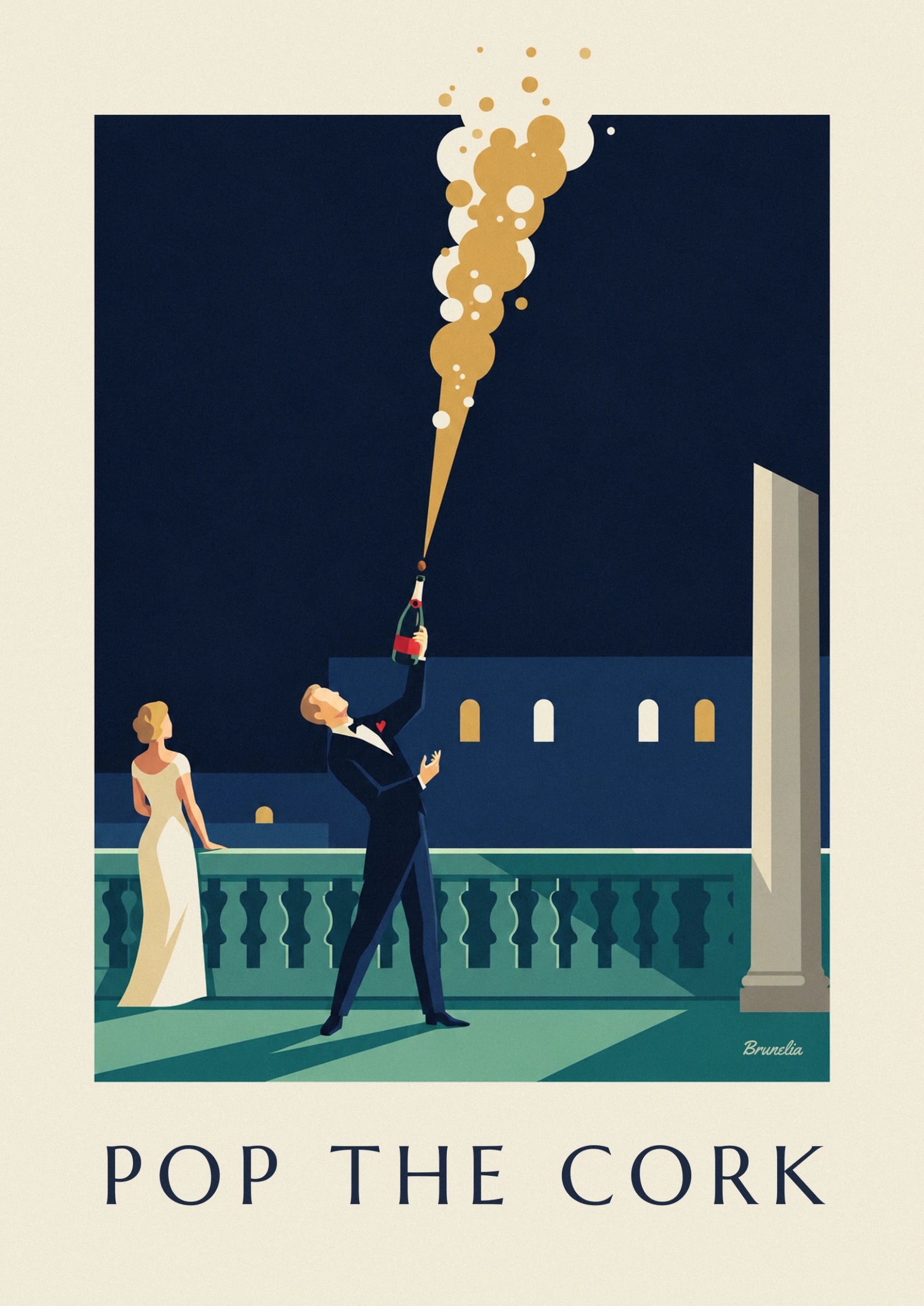 Affiche homme en smoking ouvrant une bouteille de champagne : détail en gros plan