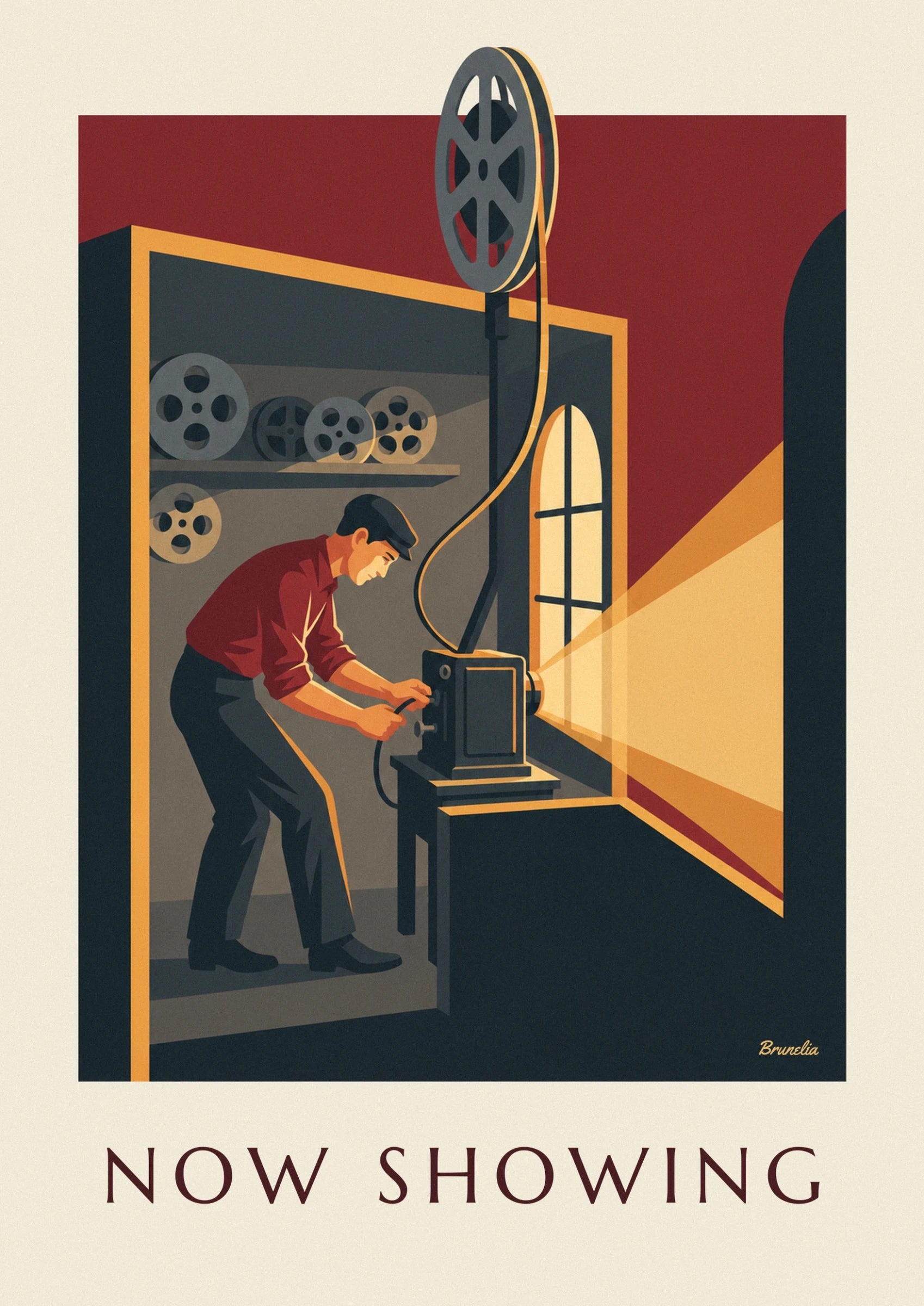 Le projectionniste en chemise rouge, penché sur son appareil de cinéma