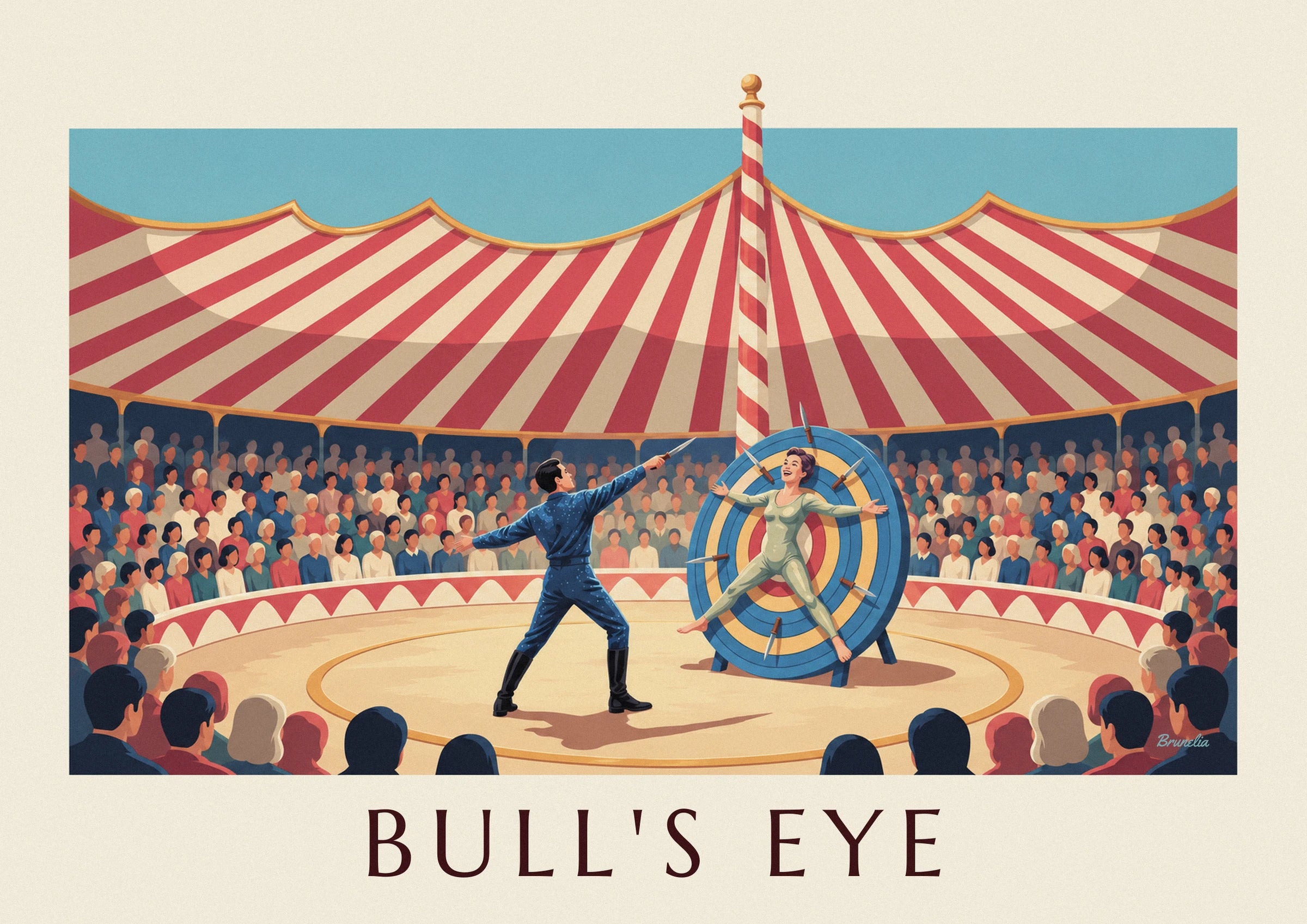 Knife thrower and target wheel under the big top poster: close-up detail