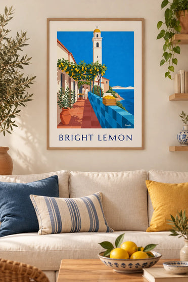 Affiche pergola de citronniers et clocher au dôme jaune face à la mer : encadrée au mur