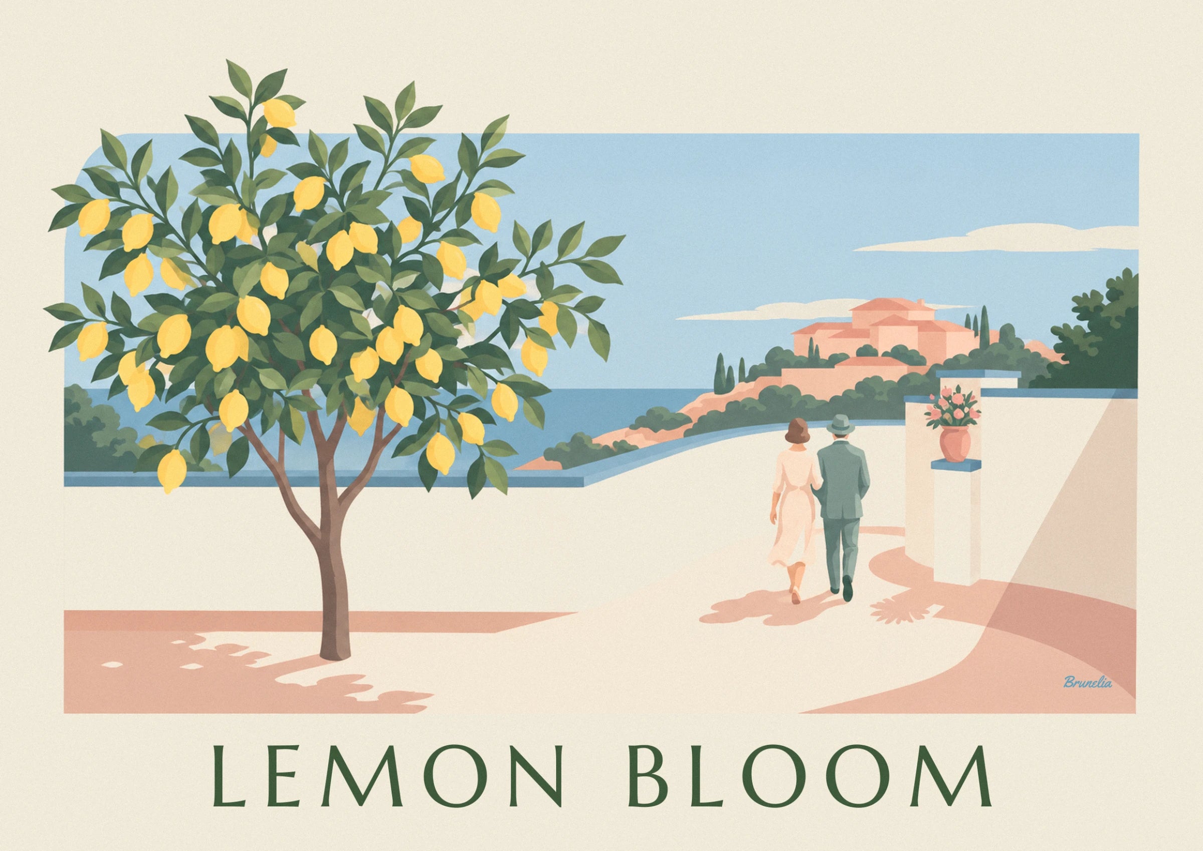 The lemon tree laden with bright yellow lemons in front of the blue sea