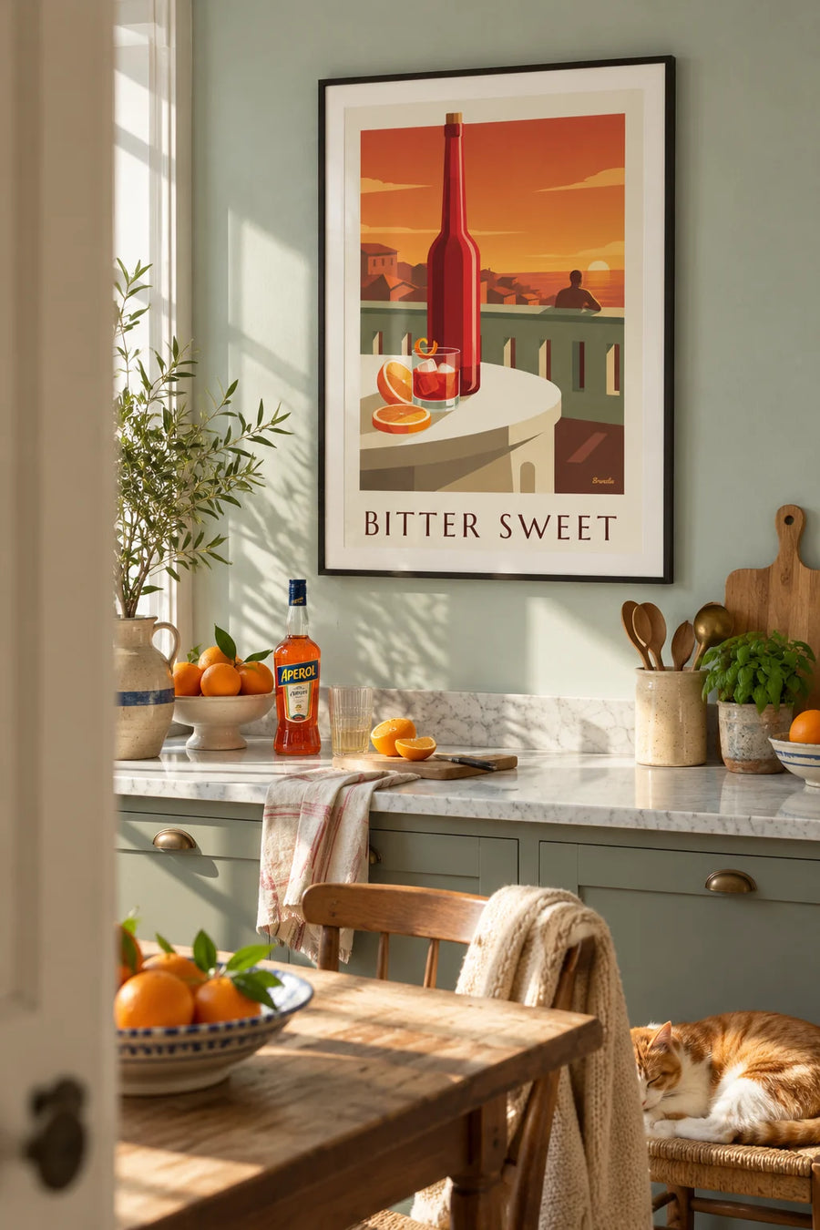 Negroni cocktail and orange peel on a terrace poster: framed on the wall