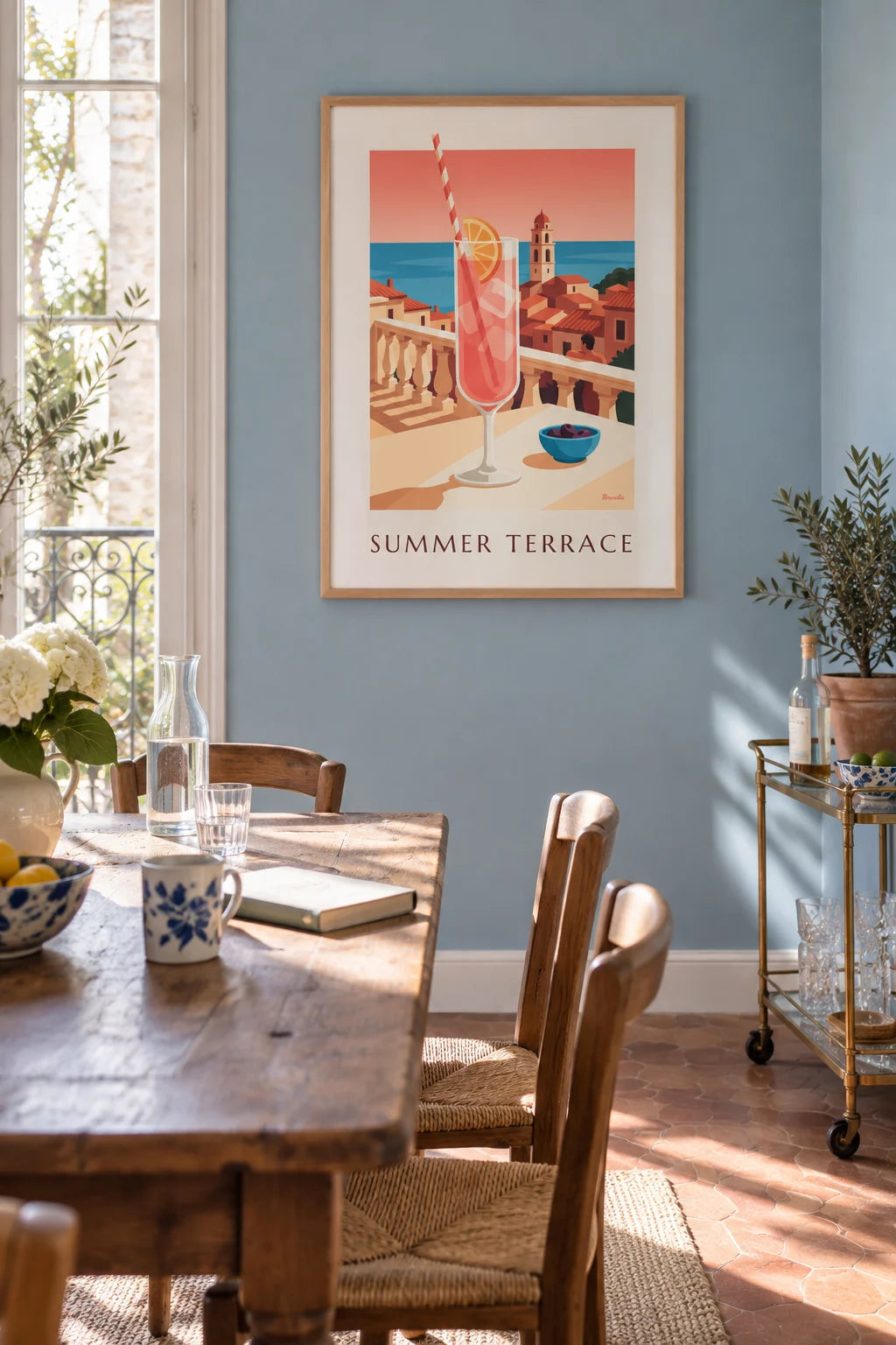 Pink summer cocktail on a sea-view terrace poster on the wall