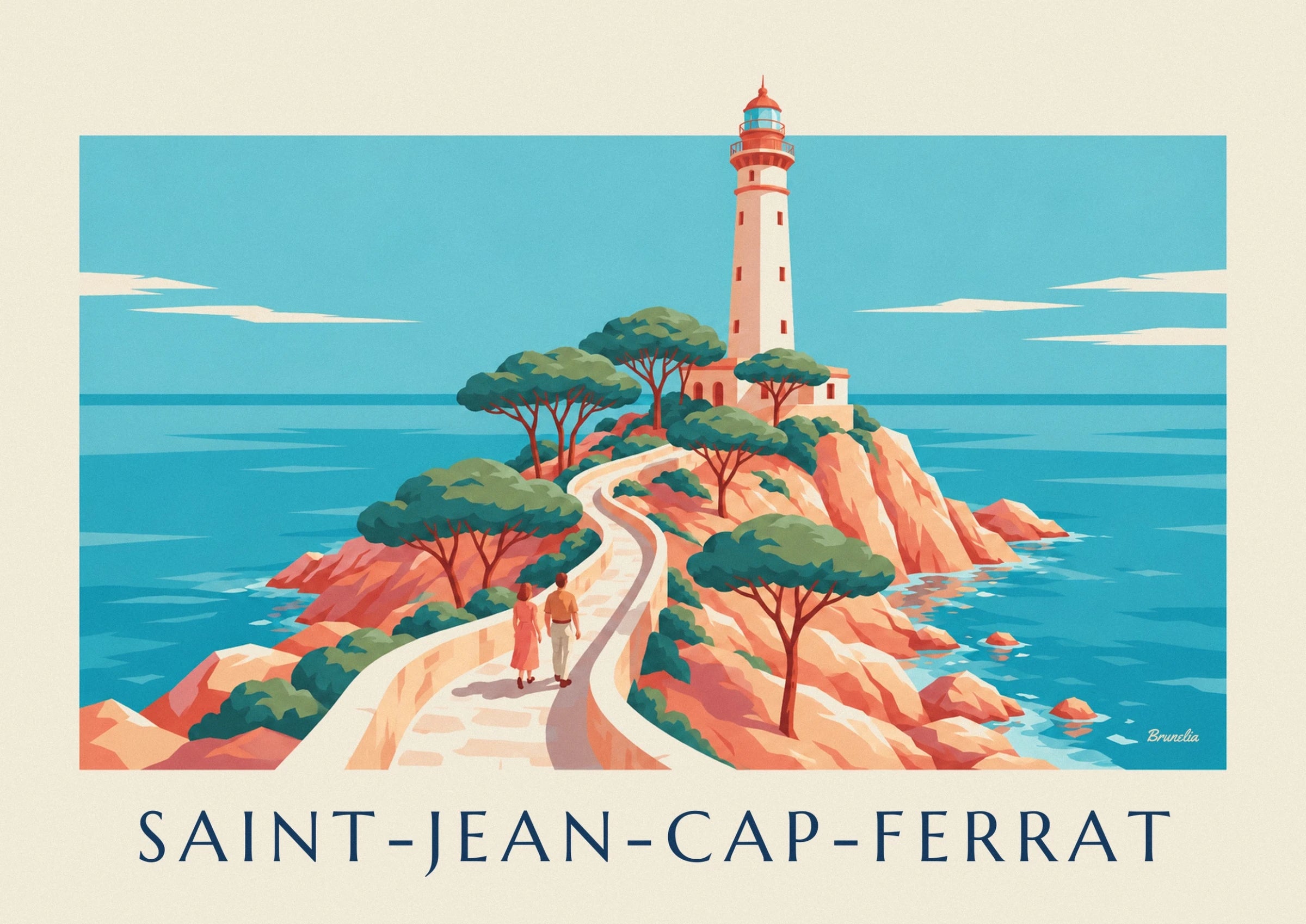 The white lighthouse with red galleries and a blue lantern room between the pine trees