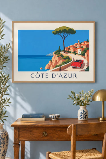 Affiche cabriolet rouge sur la corniche de la Côte d'Azur : encadrée au mur