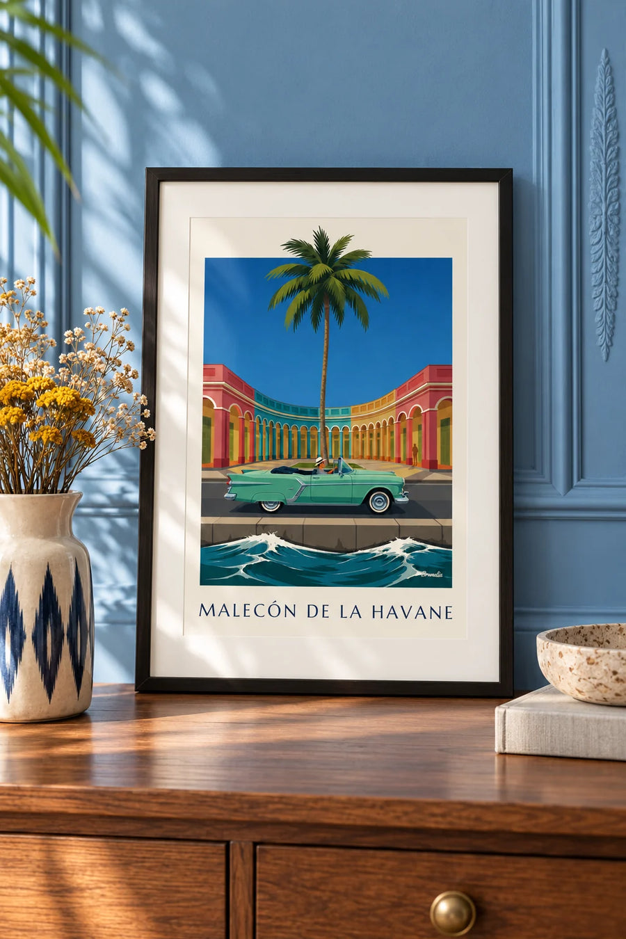 Affiche décapotable vert menthe sur le Malecón de La Havane : petit format A4 encadré
