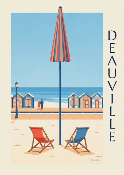 Poster of beach cabins and deckchairs in Deauville: the full poster