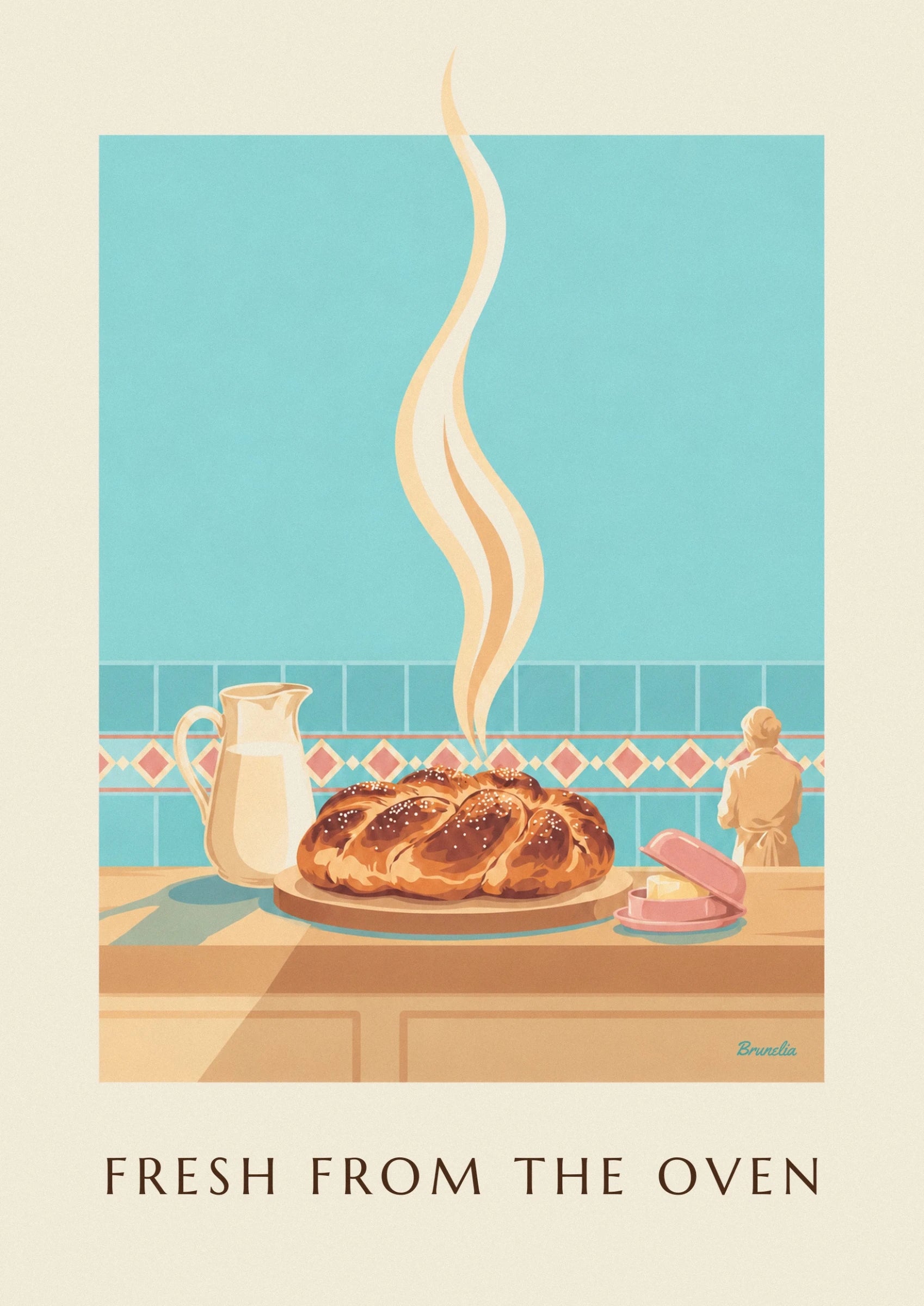 The golden plaited brioche with pearl sugar on its board, in front of the turquoise tiles