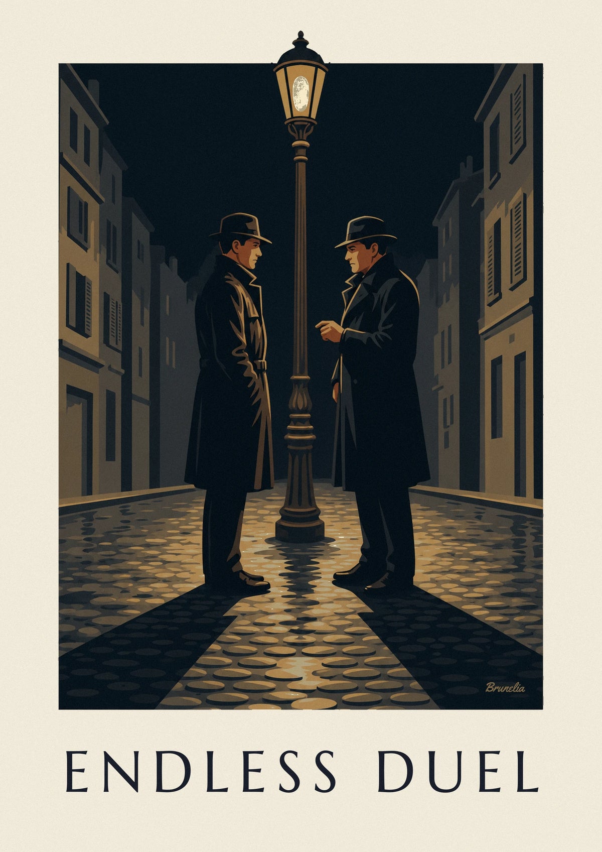 Affiche duel de film noir sous un réverbère, nuit de pluie