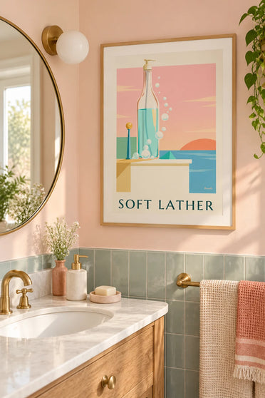 Liquid soap bottle and bathroom bubbles poster : framed on the wall