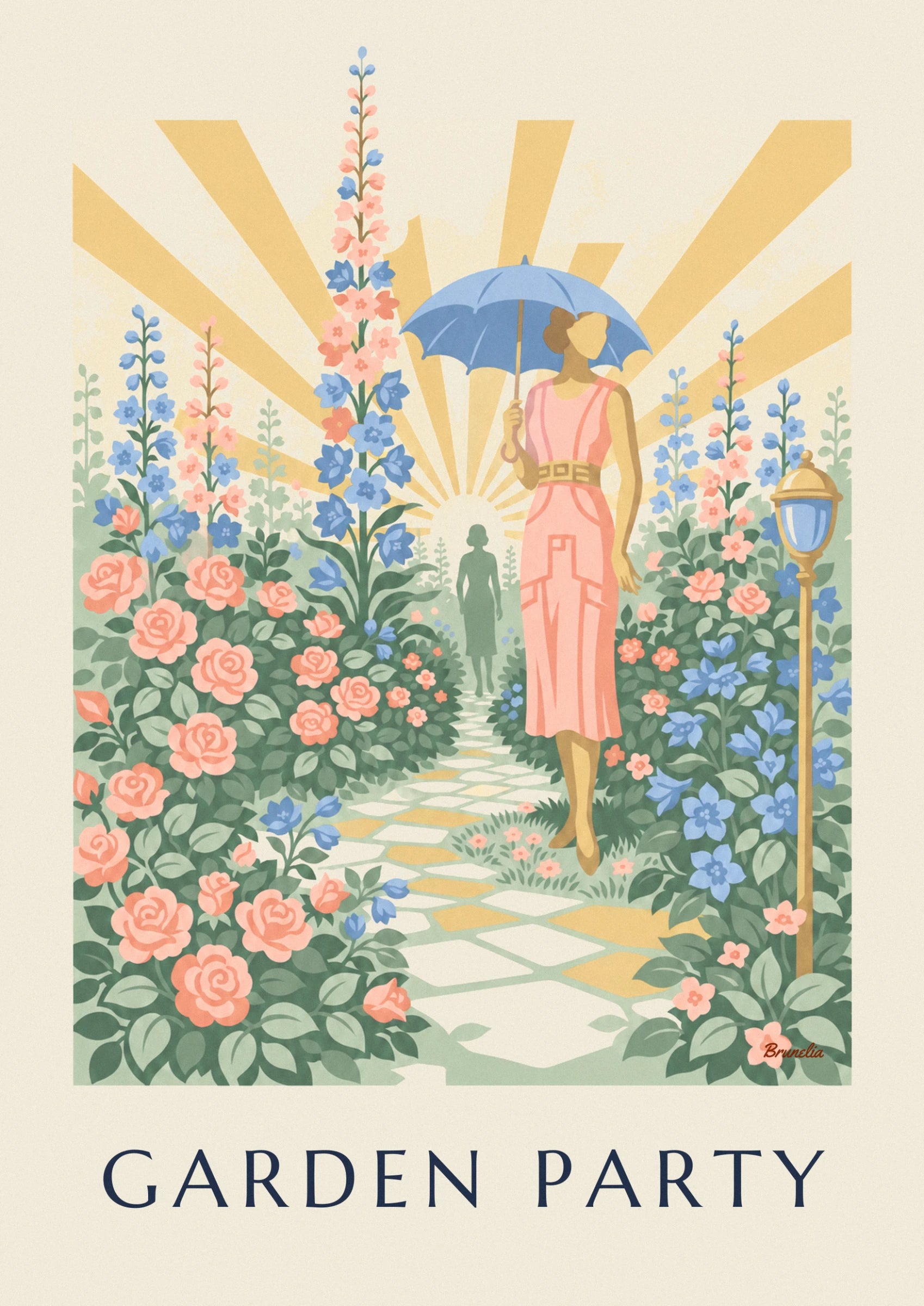 The woman in a pink dress beneath her blue parasol, among delphiniums and roses, facing the rising sun