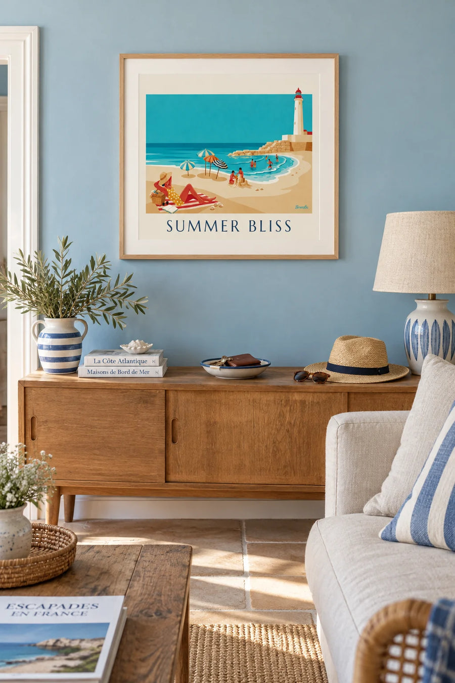 Poster of a woman in a polka dot swimsuit on a busy beach: framed on the wall