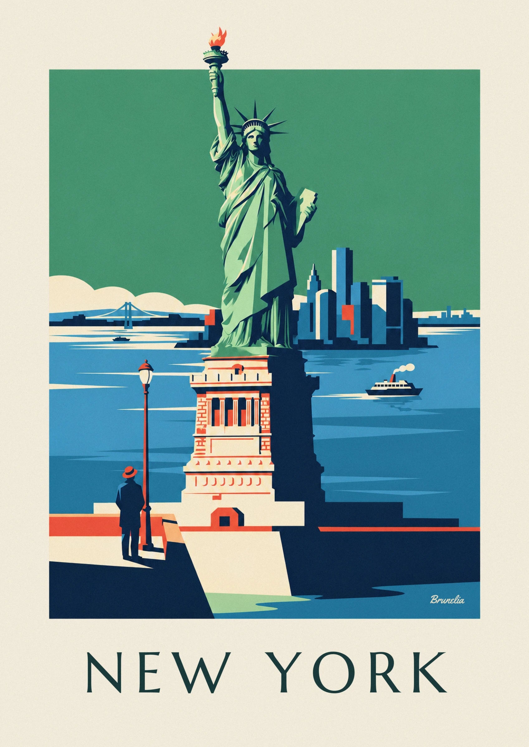 The Statue de la Liberté with her torch raised, facing the blue skyline against a green background