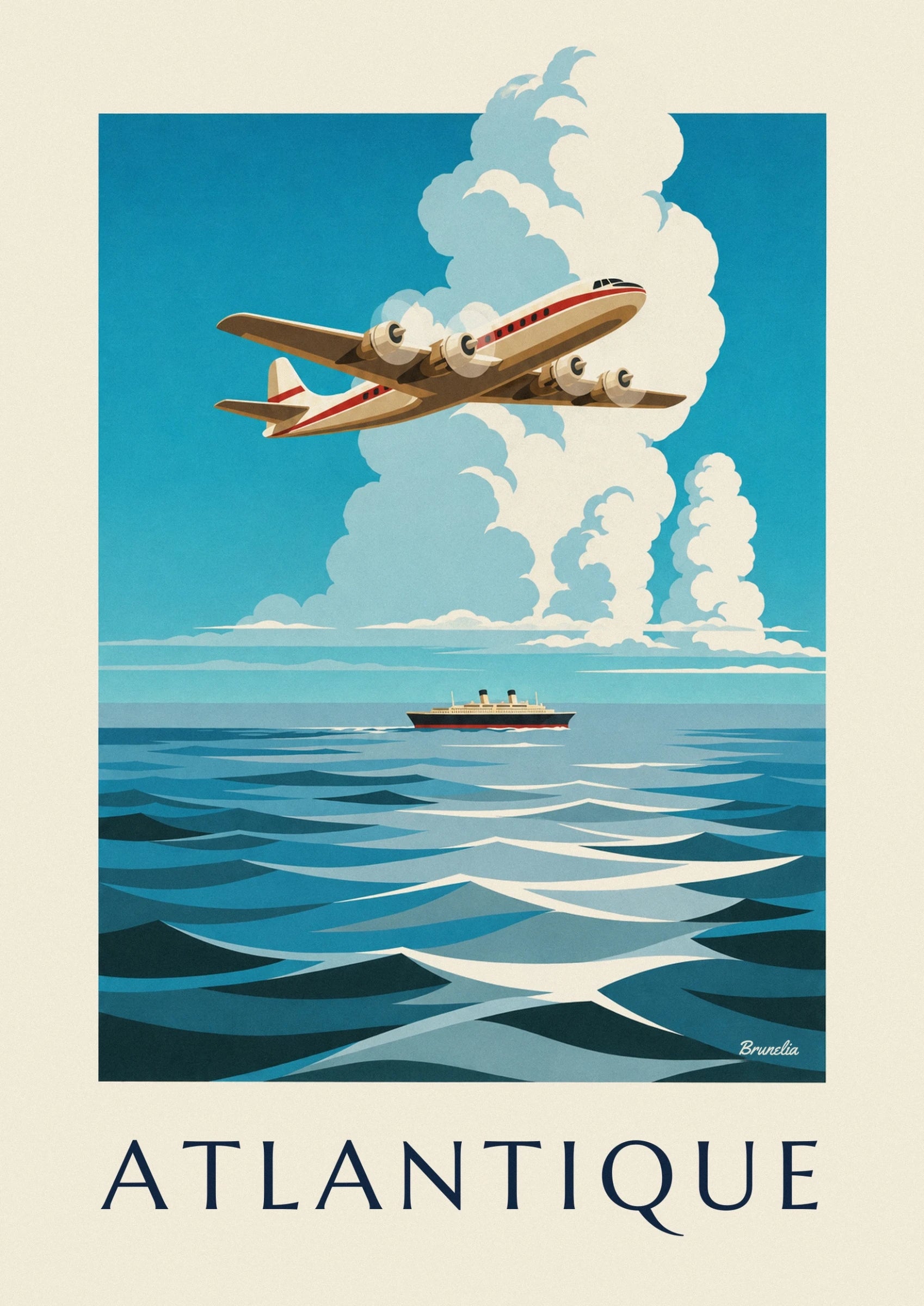 L’avion à 4 moteurs et sa bande rouge au-dessus d’un paquebot sur l’Atlantique