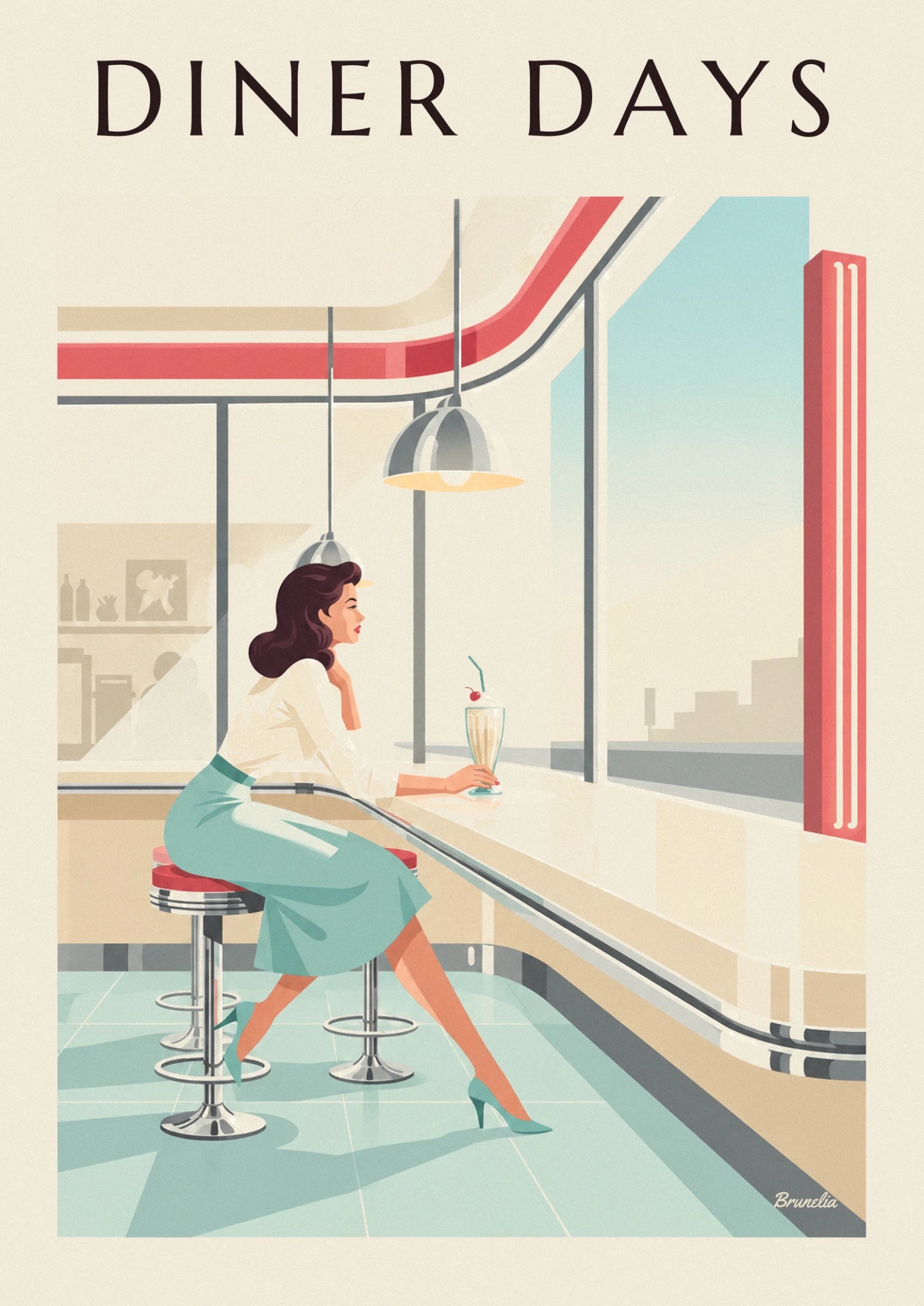 The pin-up in a turquoise skirt with her cherry milkshake, leaning on the counter
