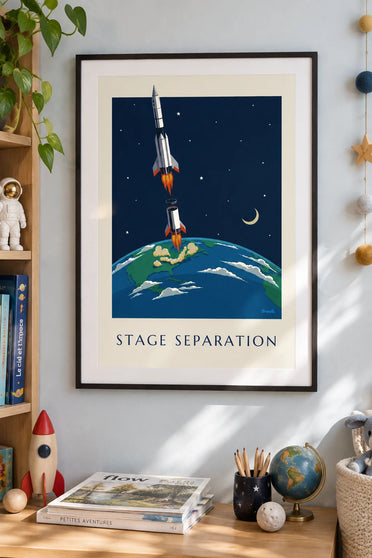 Affiche étages de fusée se séparant au-dessus de la Terre : encadrée au mur