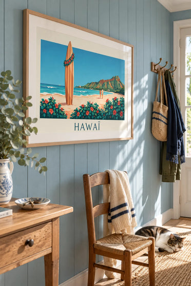 Poster of a surfboard and hibiscus facing Diamond Head, Hawaii: framed on the wall