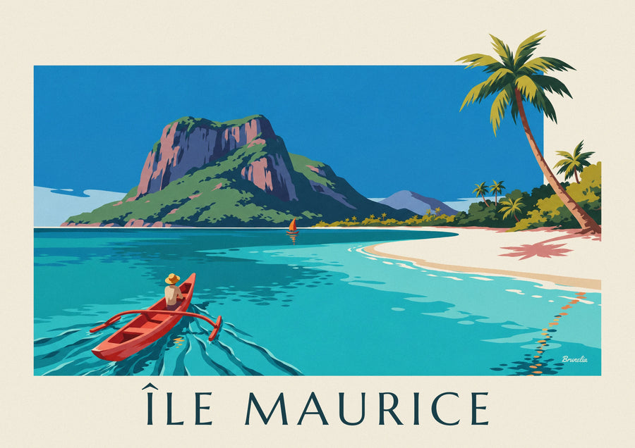 Mauritius lagoon, palm trees and Morne Brabant poster