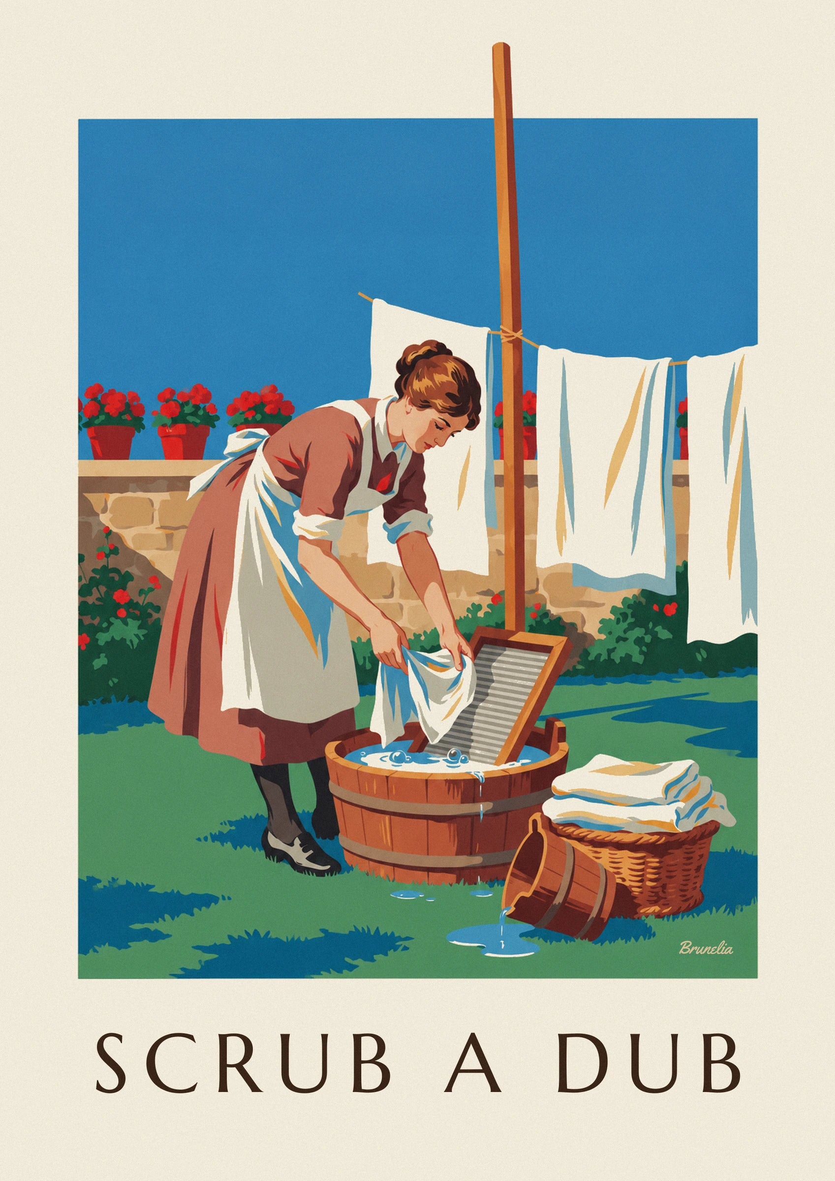 Affiche femme et planche à laver dans une cour ensoleillée : détail en gros plan