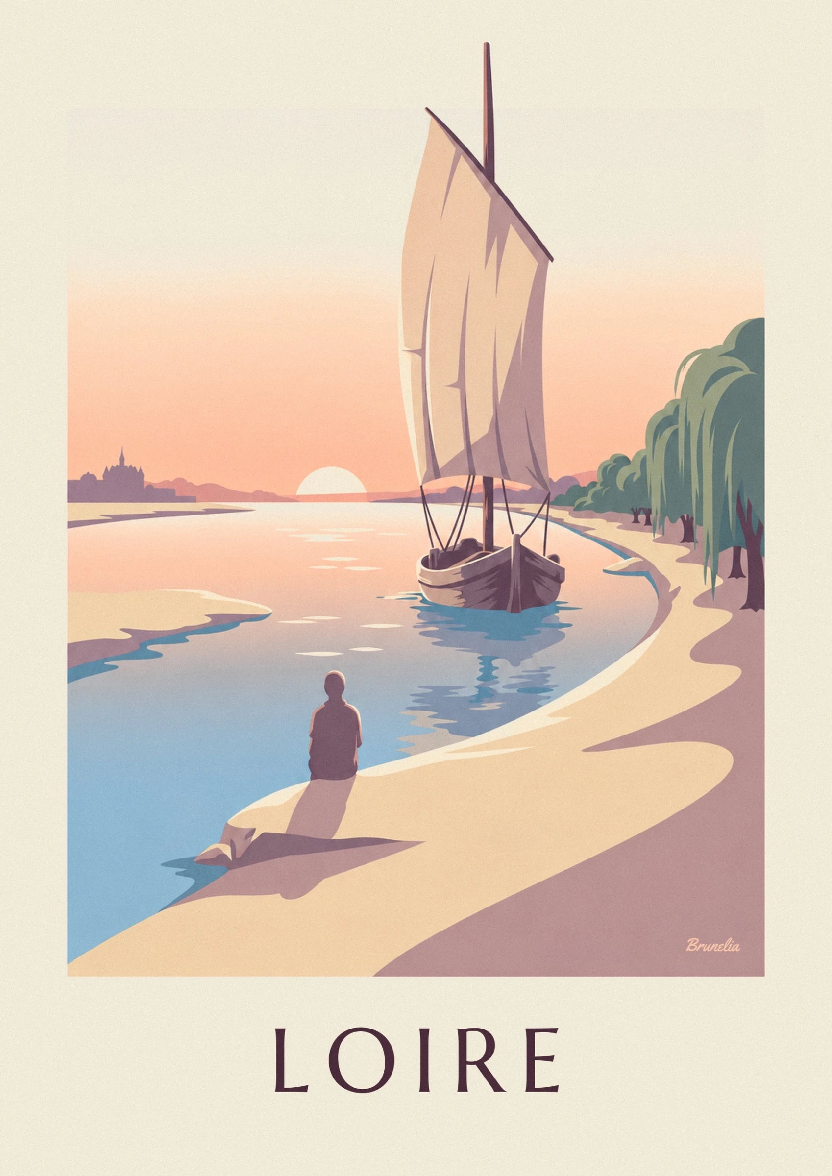 The square-sailed barge on the Loire, between the setting sun and green willows