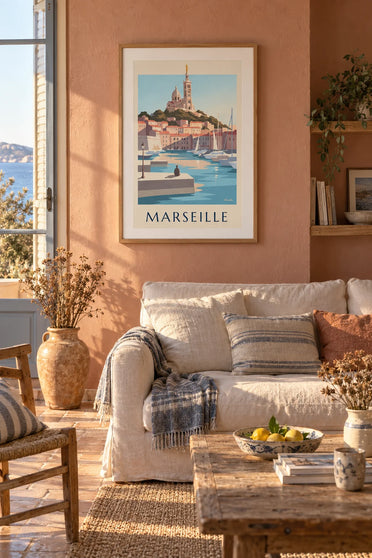 Poster of sailboats in the Old Port beneath Notre-Dame-de-la-Garde in Marseille: framed on the wall