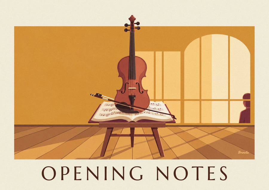Affiche violon et archet posés sur une partition ouverte