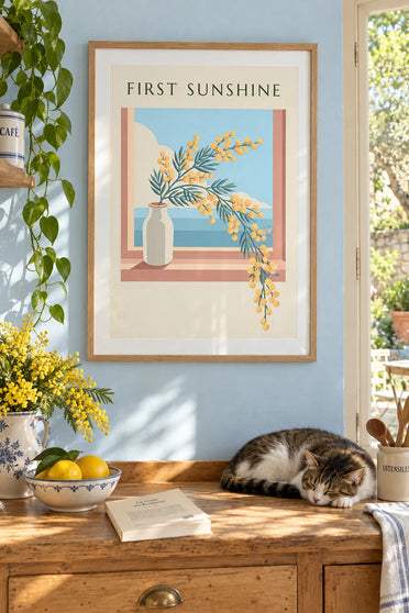 Poster of a flowering mimosa branch in a pitcher: framed on the wall