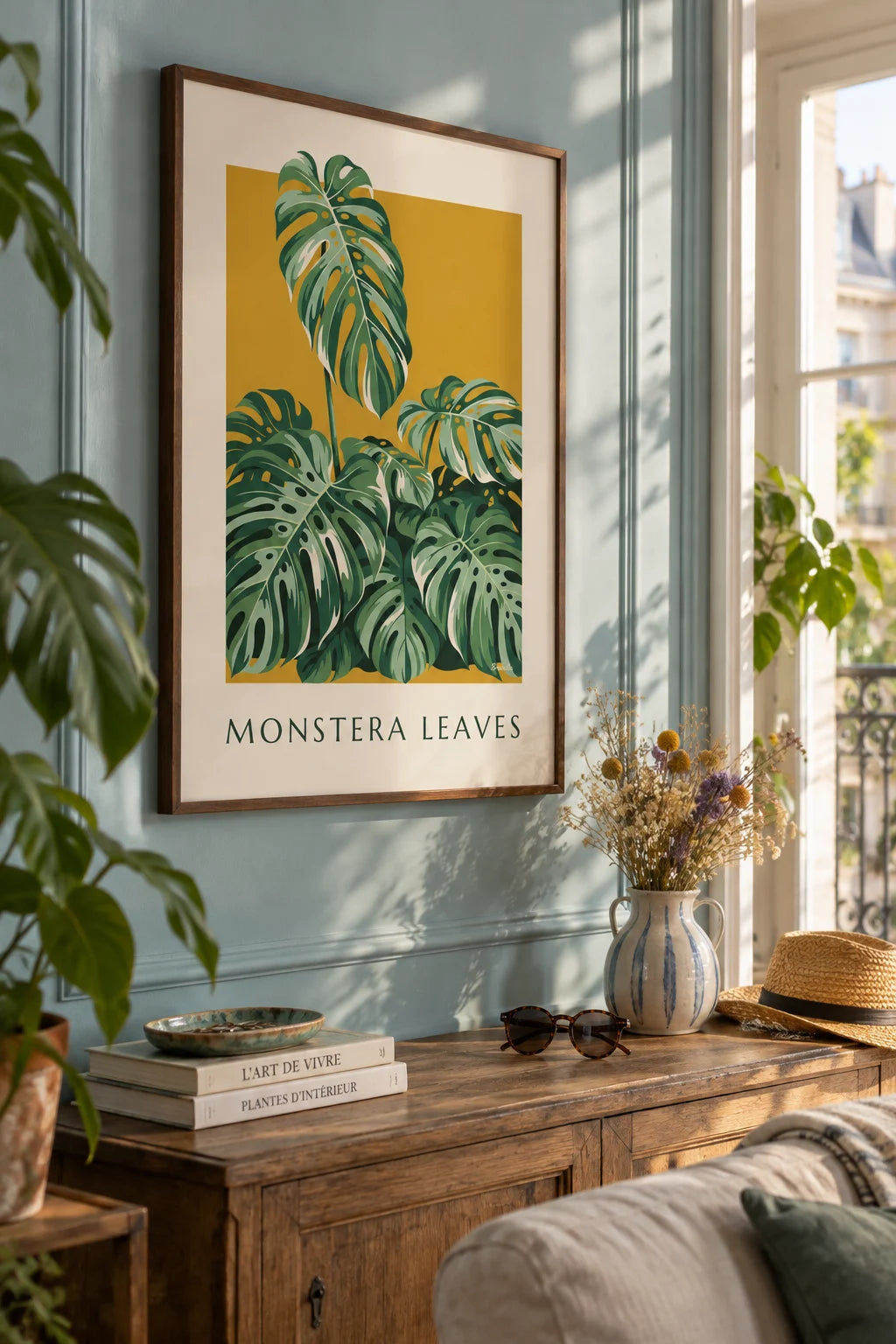 Mise en situation de Affiche feuilles de monstera en bouquet luxuriant