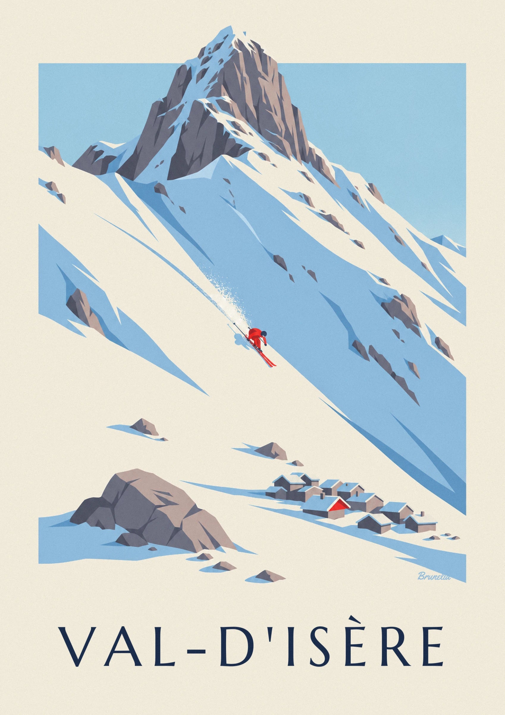 The skier in a red suit racing down the slope, with a cloud of powder snow behind him