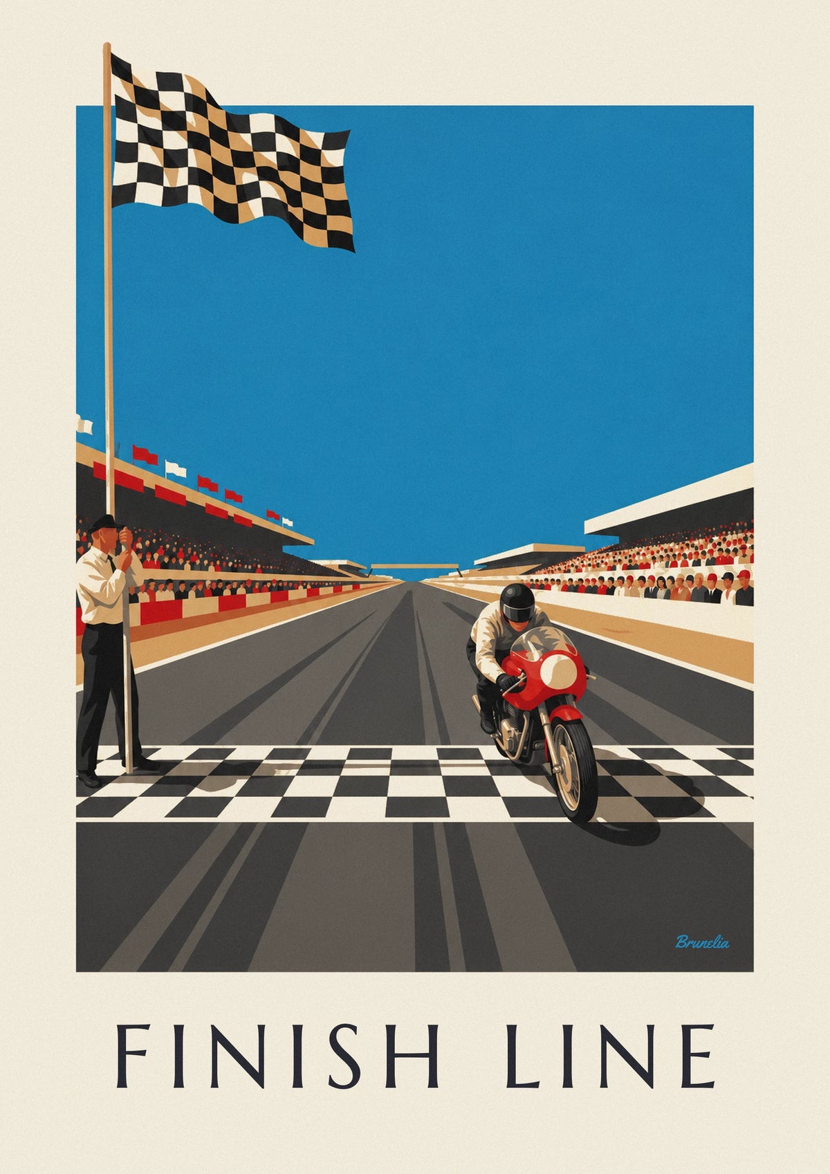 Motorcycle crossing the finish line under the checkered flag poster