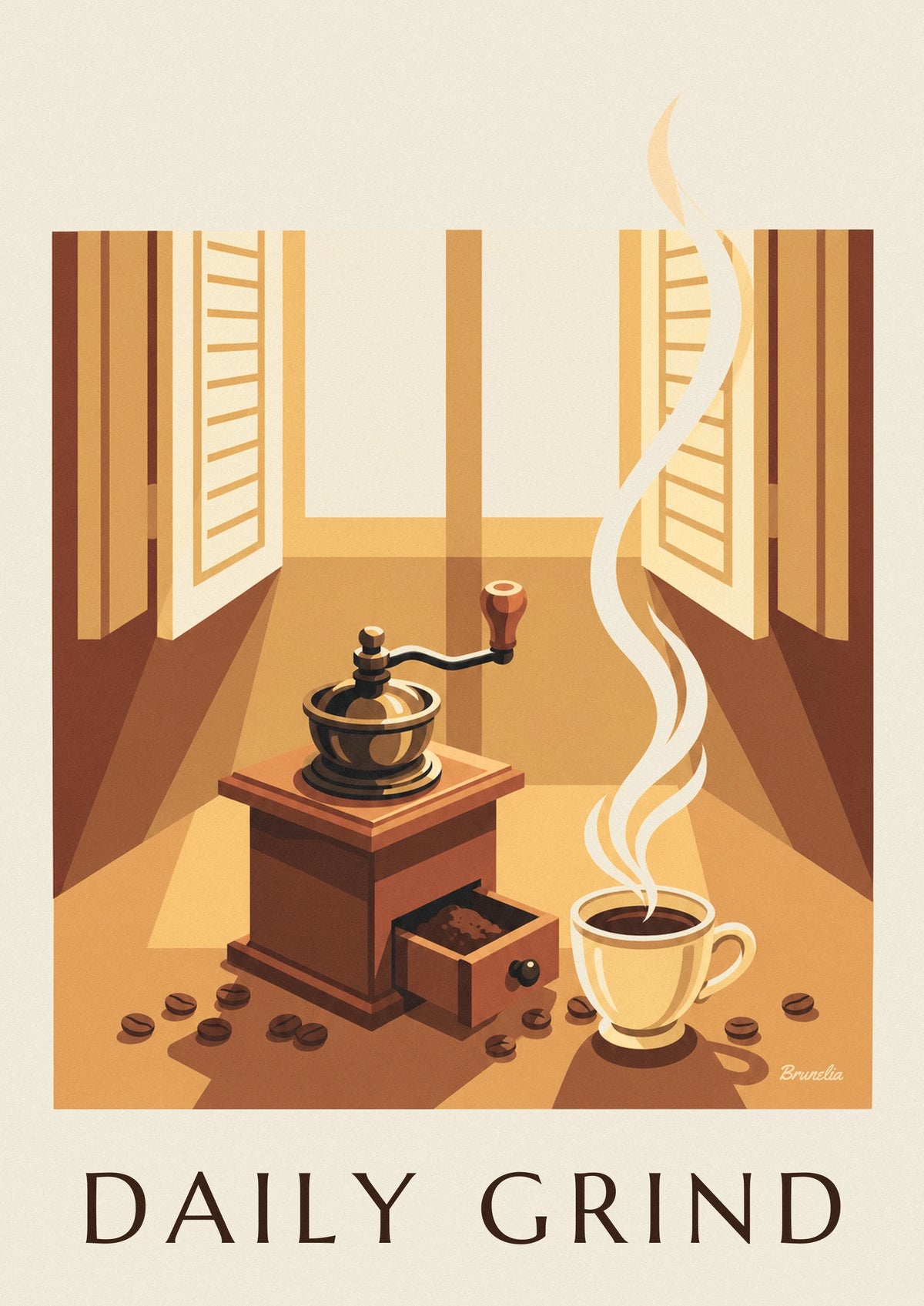 Affiche moulin à café en bois et grains de café