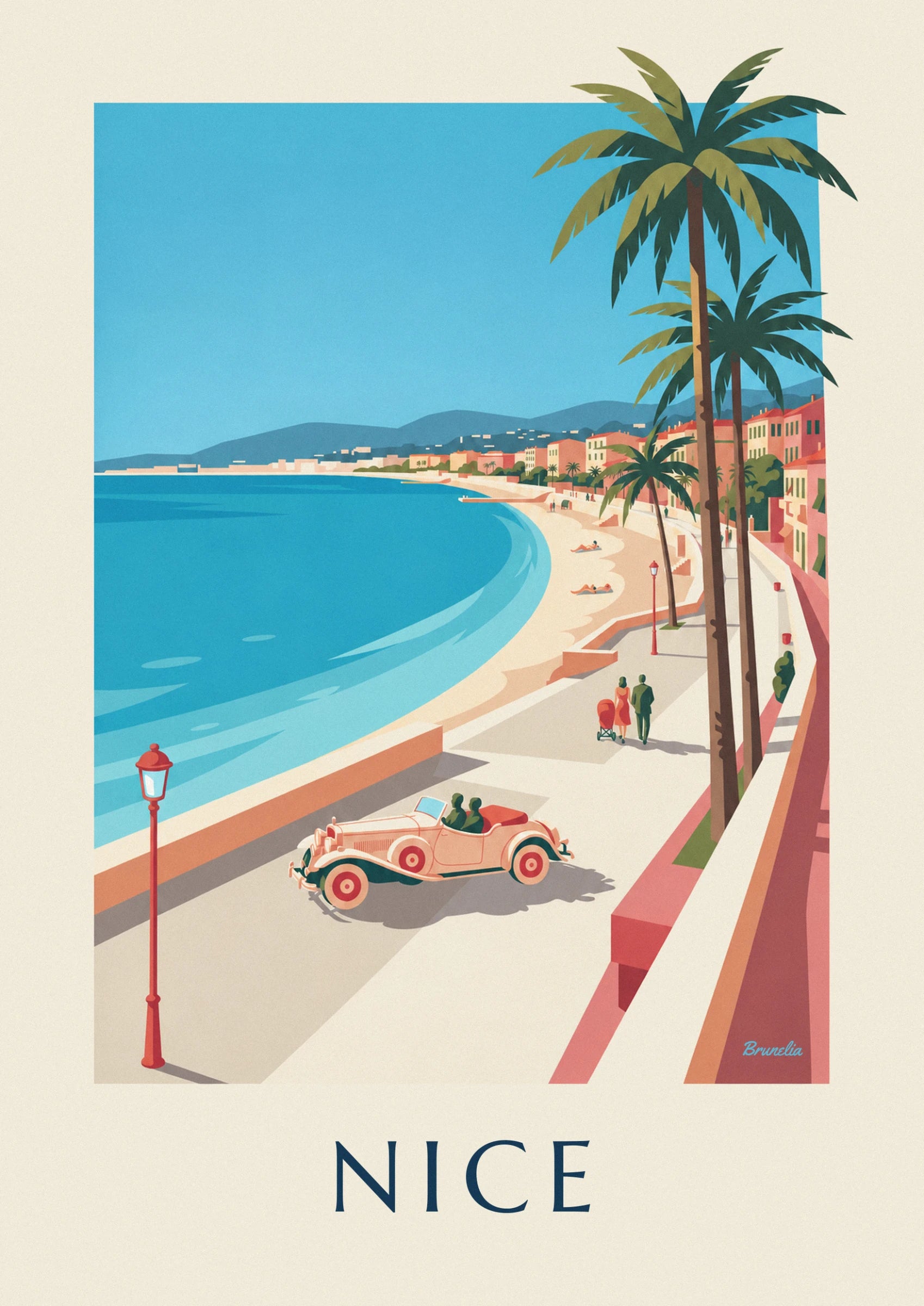 The cream convertible with red wheels and its 2 passengers, on the seafront promenade