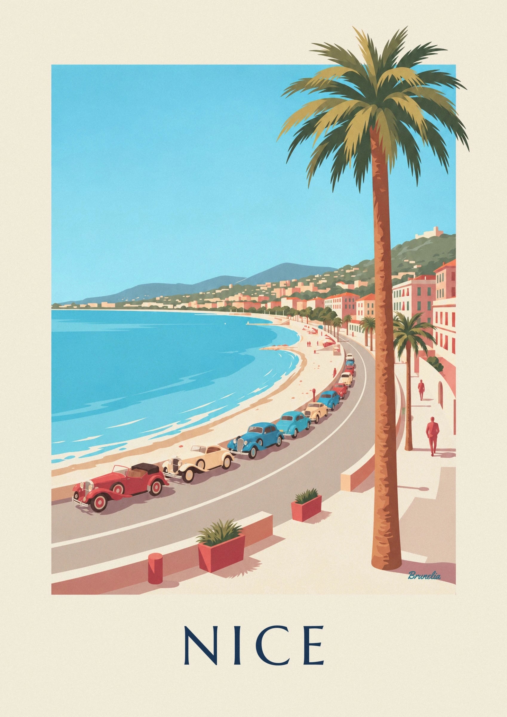 Les voitures anciennes rouges, crème et bleues le long de la baie de Nice