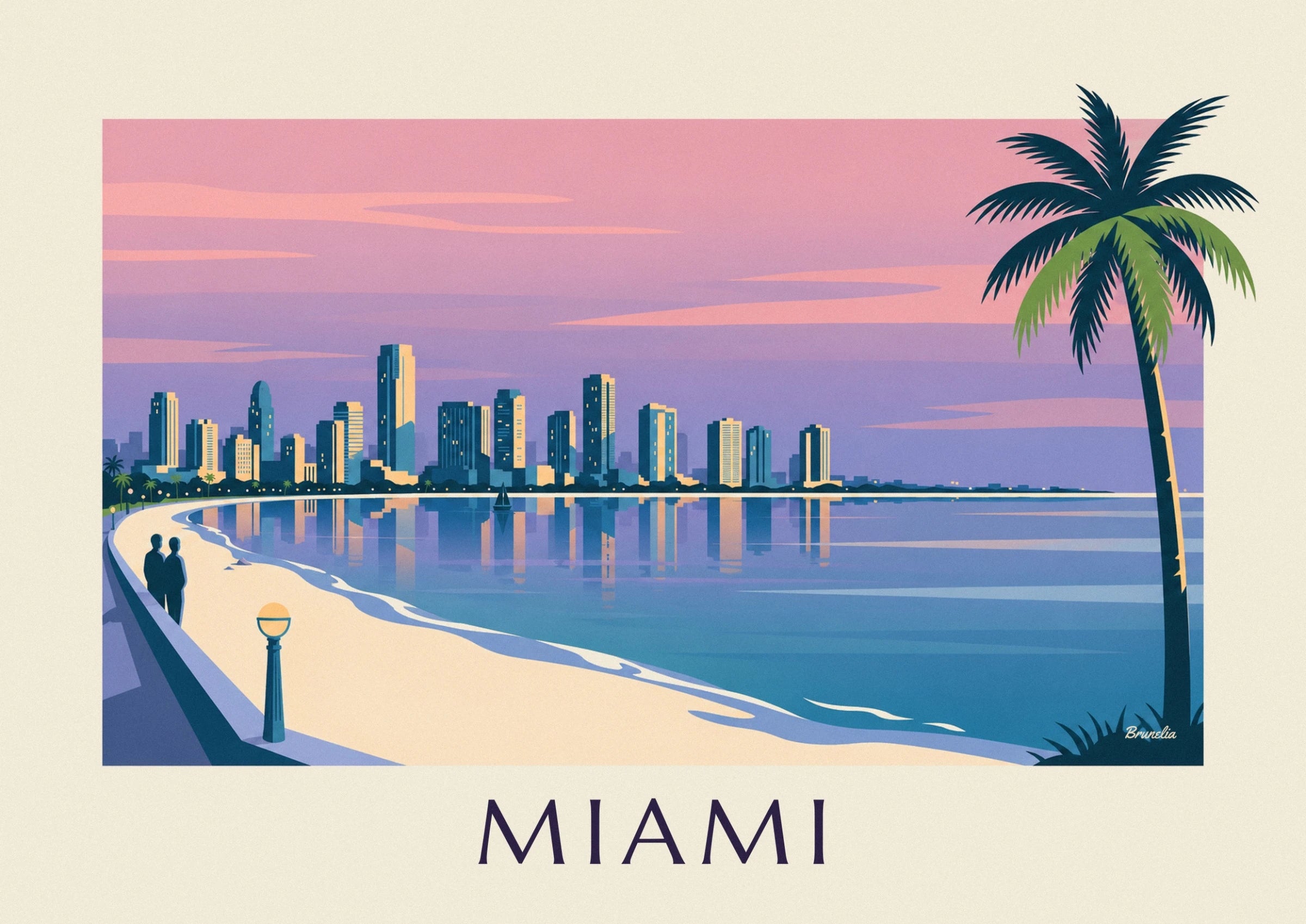 Les gratte-ciel de Miami aux façades bleues et dorées, reflétés dans l'eau mauve