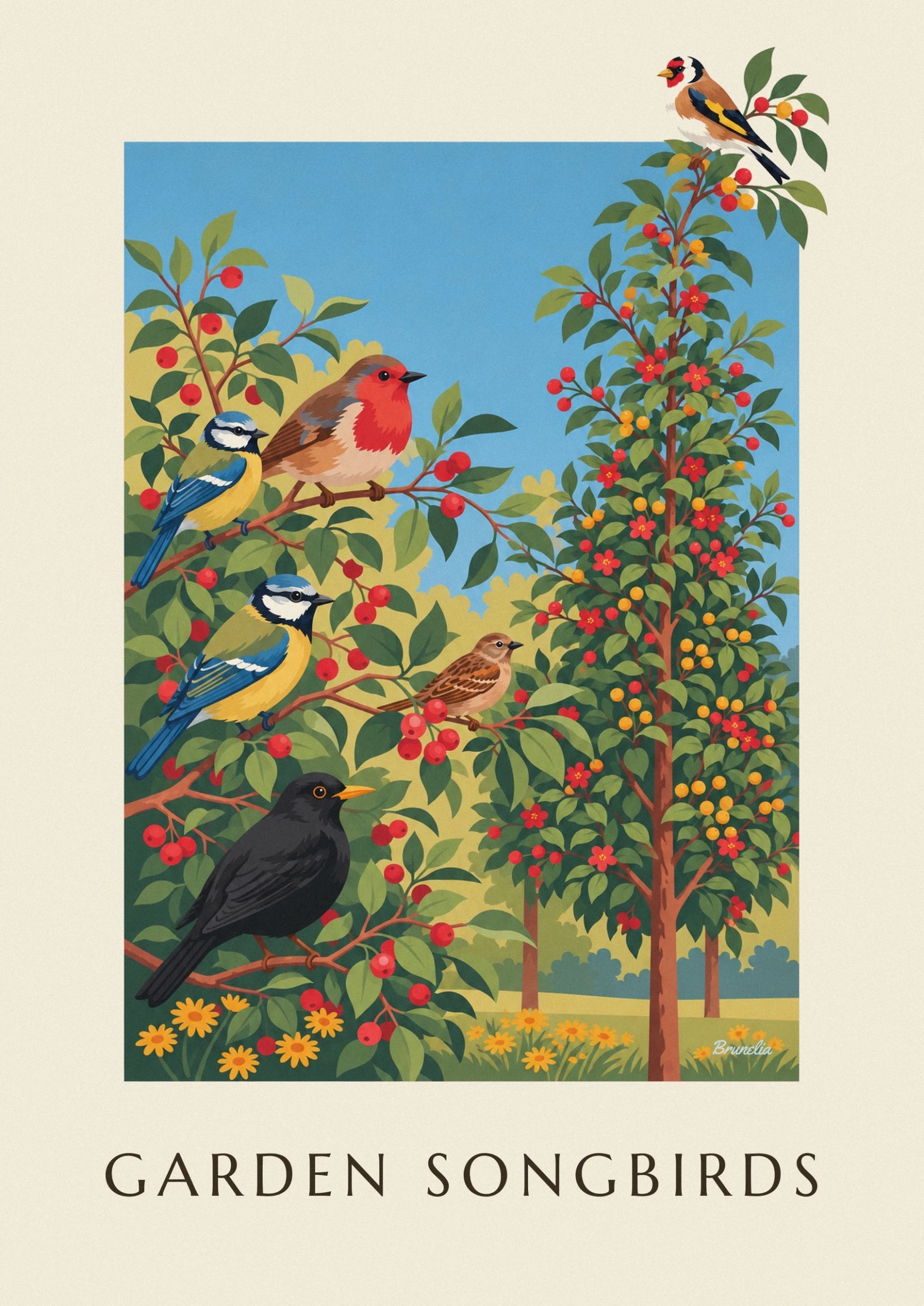 A tangle of leafy green branches dotted with red flowers and yellow berries