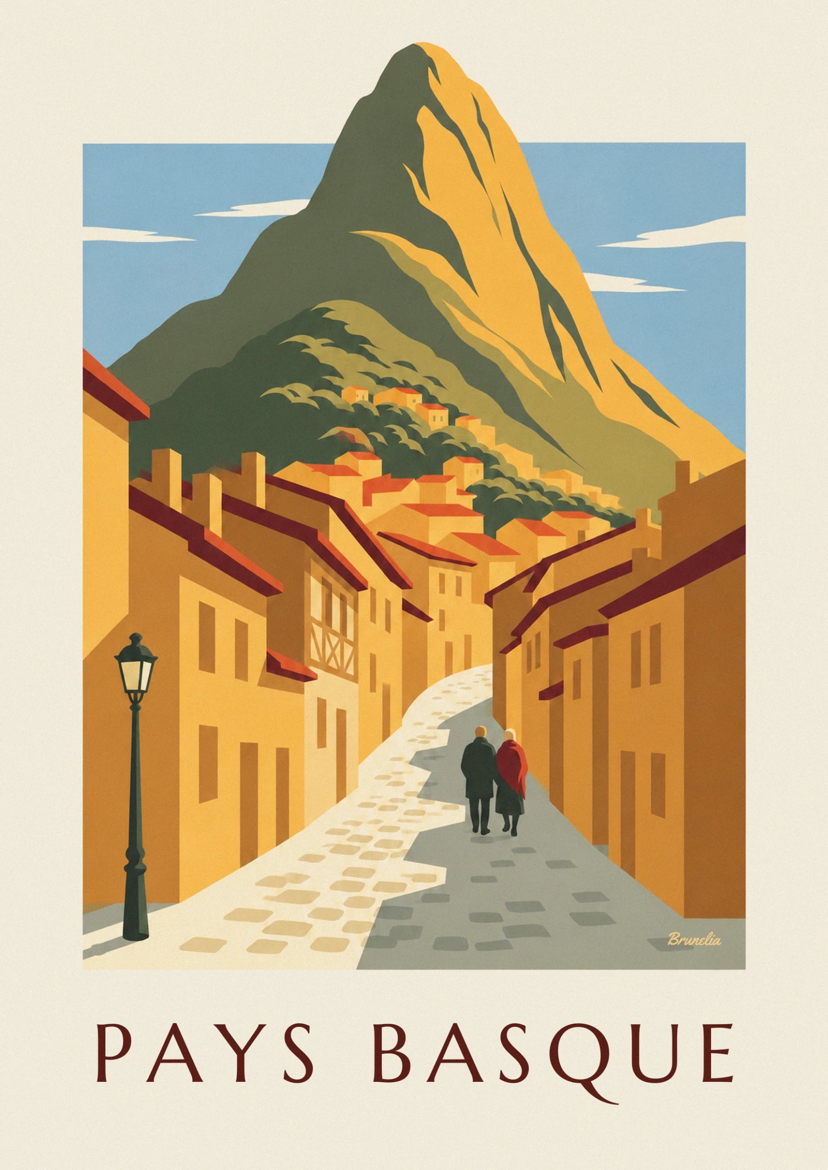 A couple seen from behind, he in a dark coat and she in a red shawl, in the cobbled lane