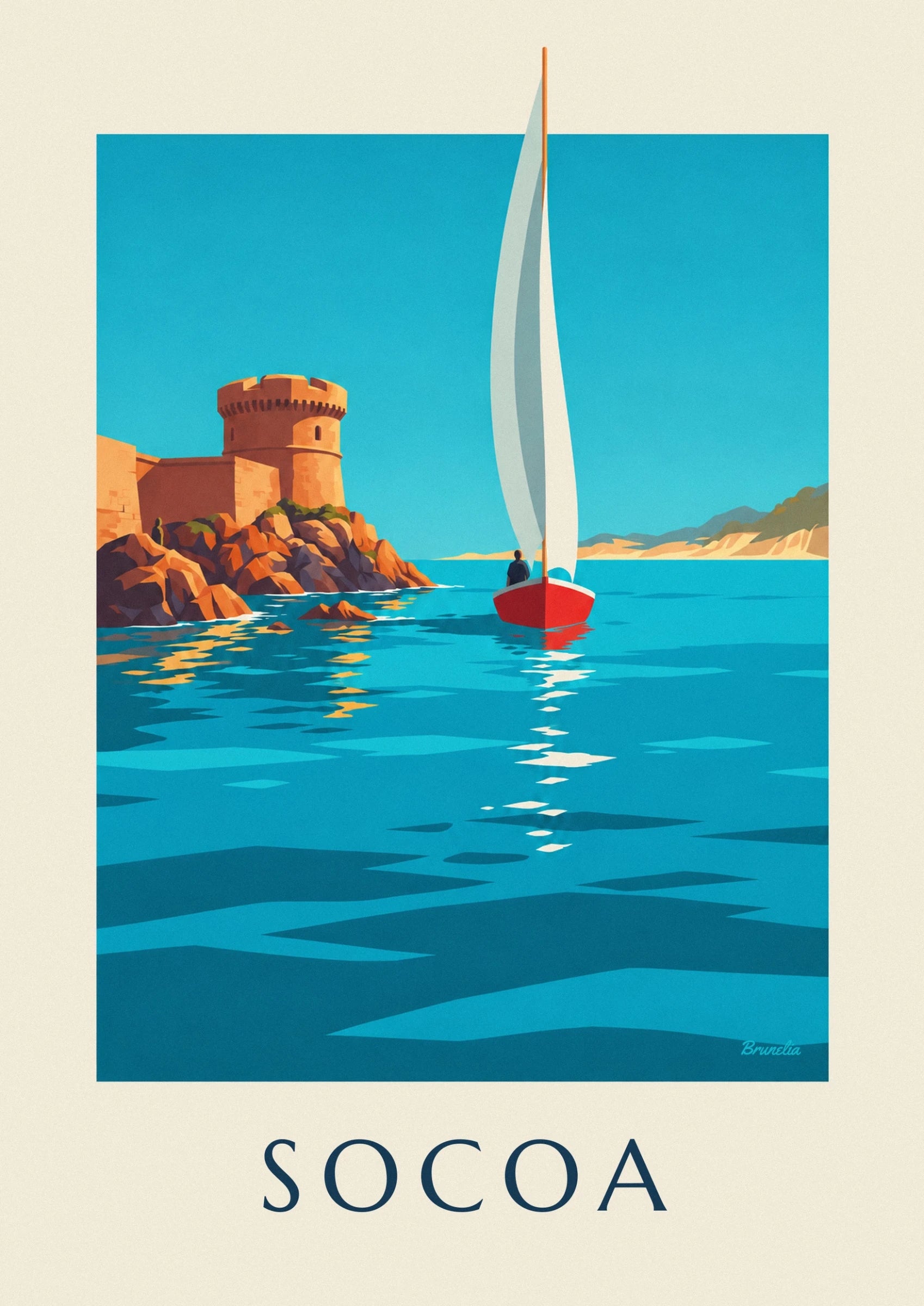 The red sailing boat with white sails and its passenger on the turquoise sea