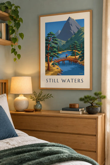 Red Japanese bridge and riverside stone lantern poster : framed on the wall