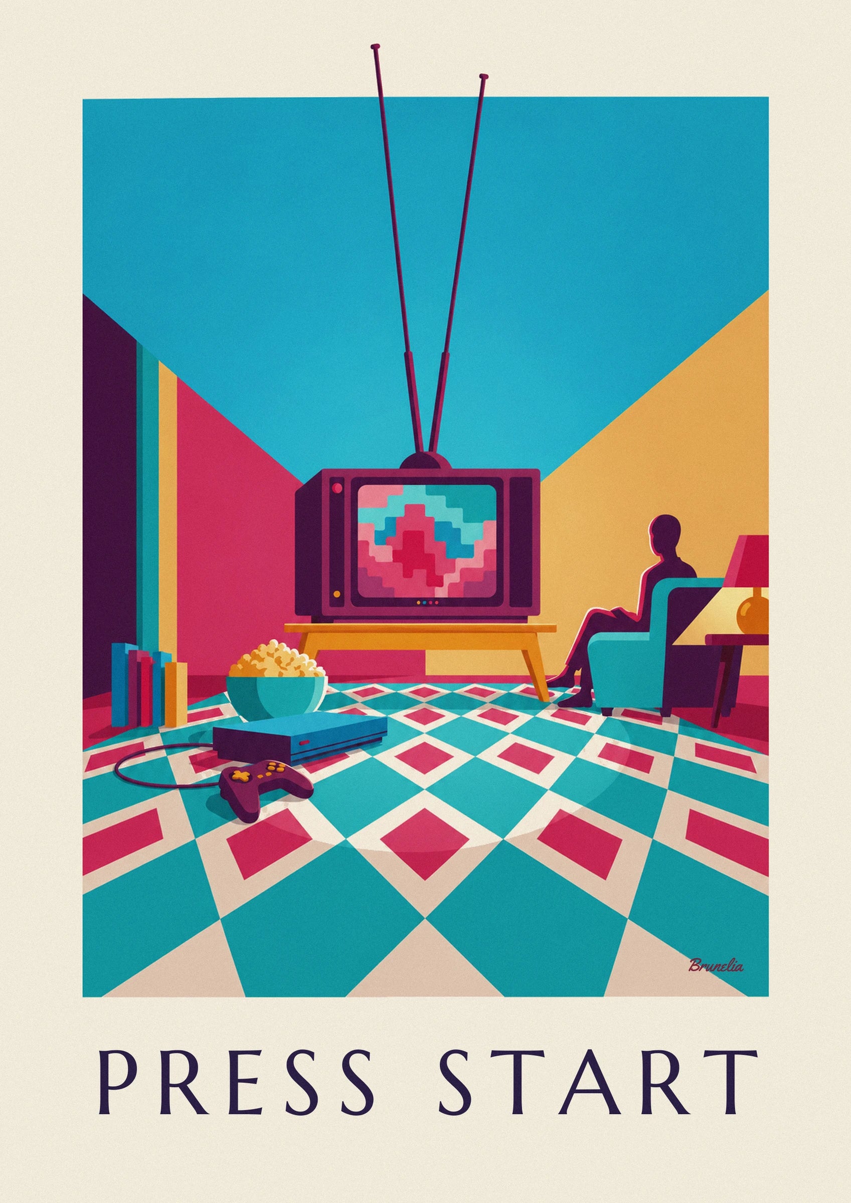 Le vieux téléviseur violet sur son meuble jaune, avec ses motifs roses et turquoise