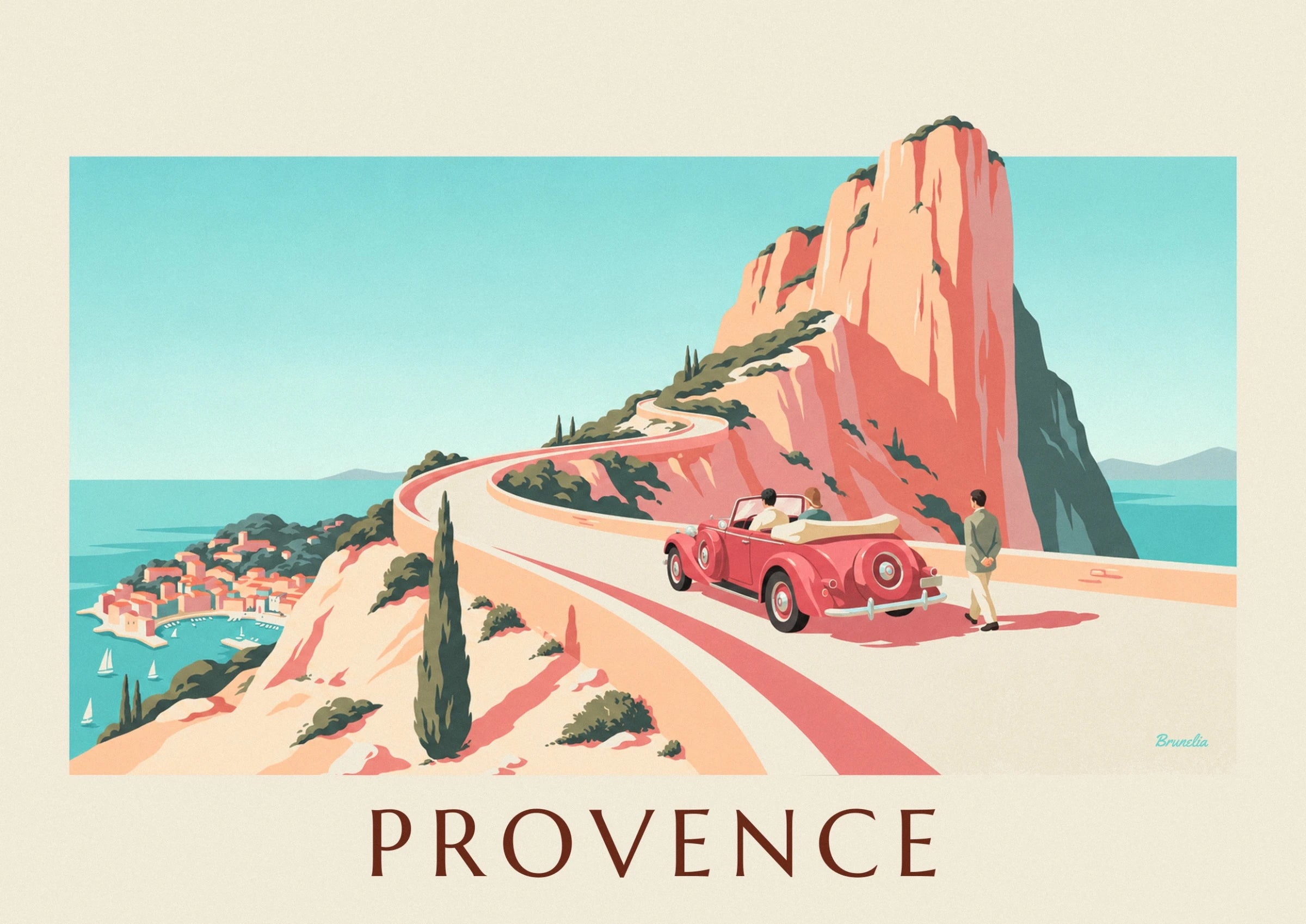 The red convertible and its 2 passengers on the road lined with pink cliffs