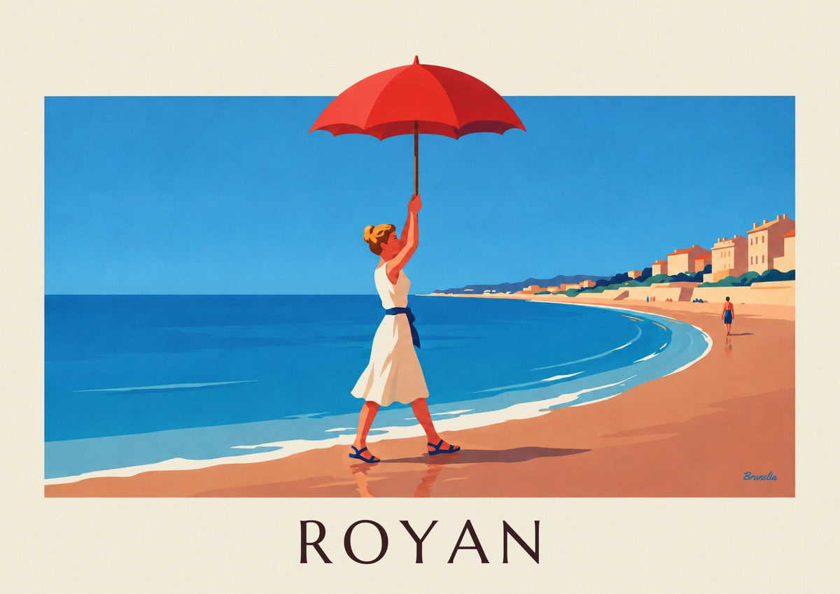 Woman with a red parasol on Royan beach poster